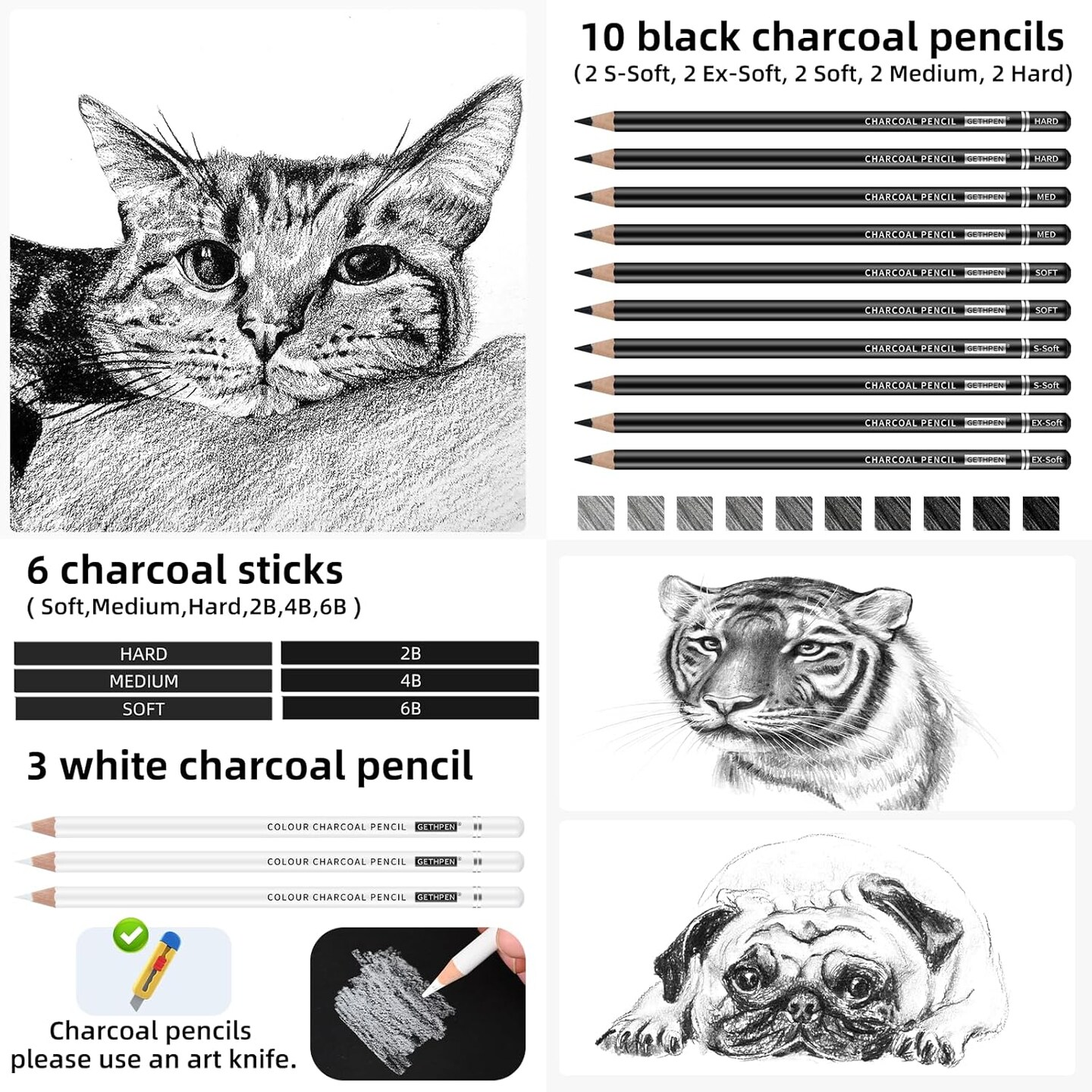 27-Piece Charcoal Drawing Set – Black & White Pencils with Graphite Sticks for Sketching & Shading