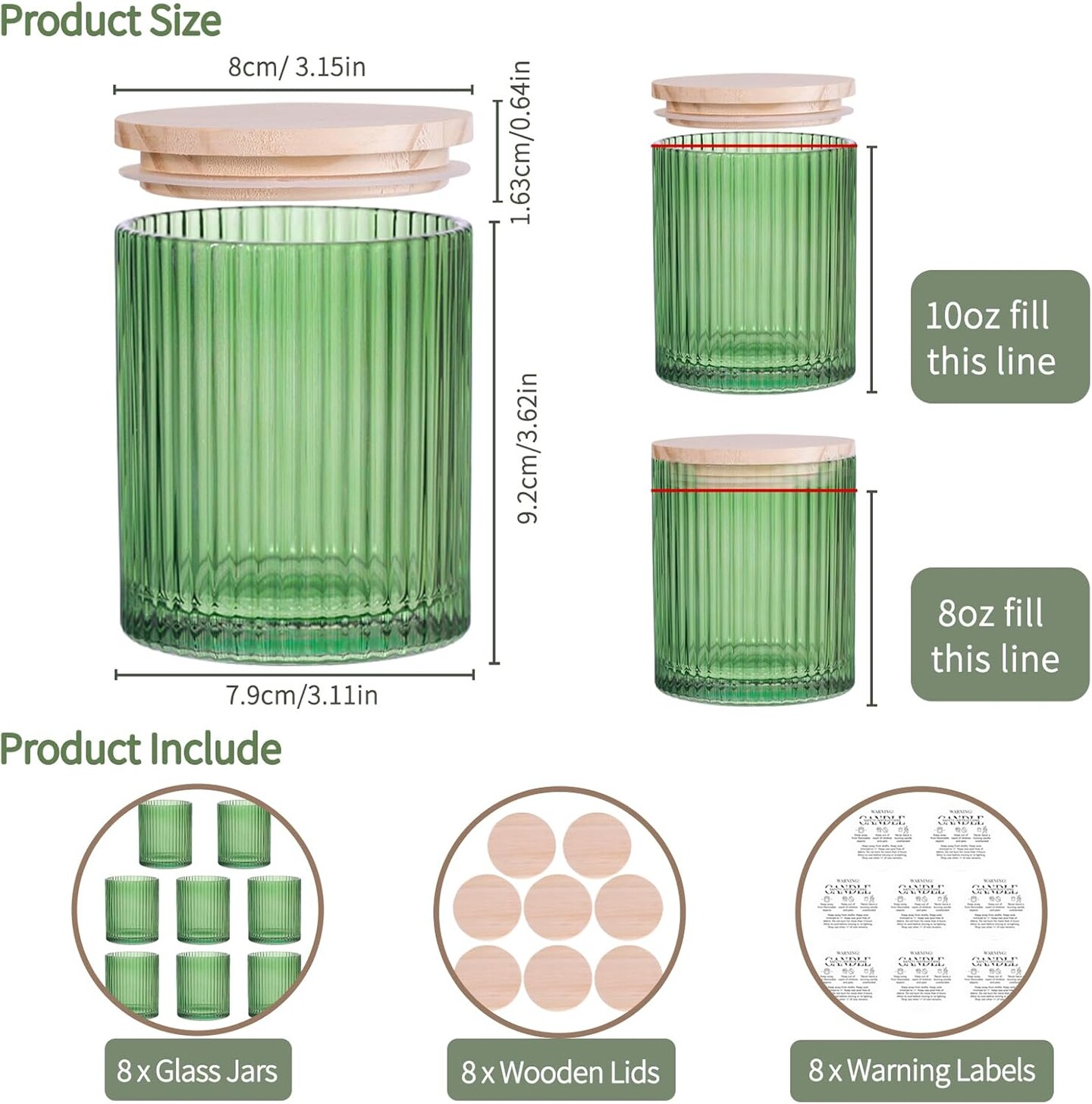 10 OZ Green Candle Jars for Making Candles Set of 8, Ribbed Glass Candle Jars with Wood Lids and Labels, Candle Containers for DIY, Gifts, Home Decoration