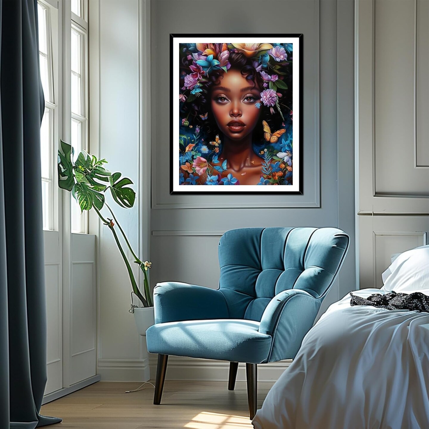 African American Woman Paint by Numbers for Adults, Girl with Butterfly Foral Paint by Number Kits, Female Portrait Acrylic Painting for Gift Home Decor(16&#xD7;20inches, Unframe)