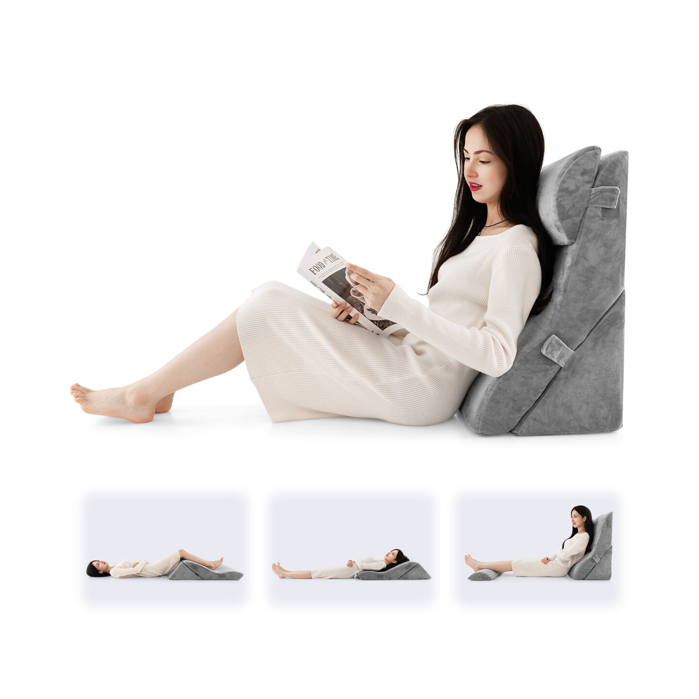 Grey 3-Piece Ergonomic Wedge Pillow Set for Sleep and Relaxation