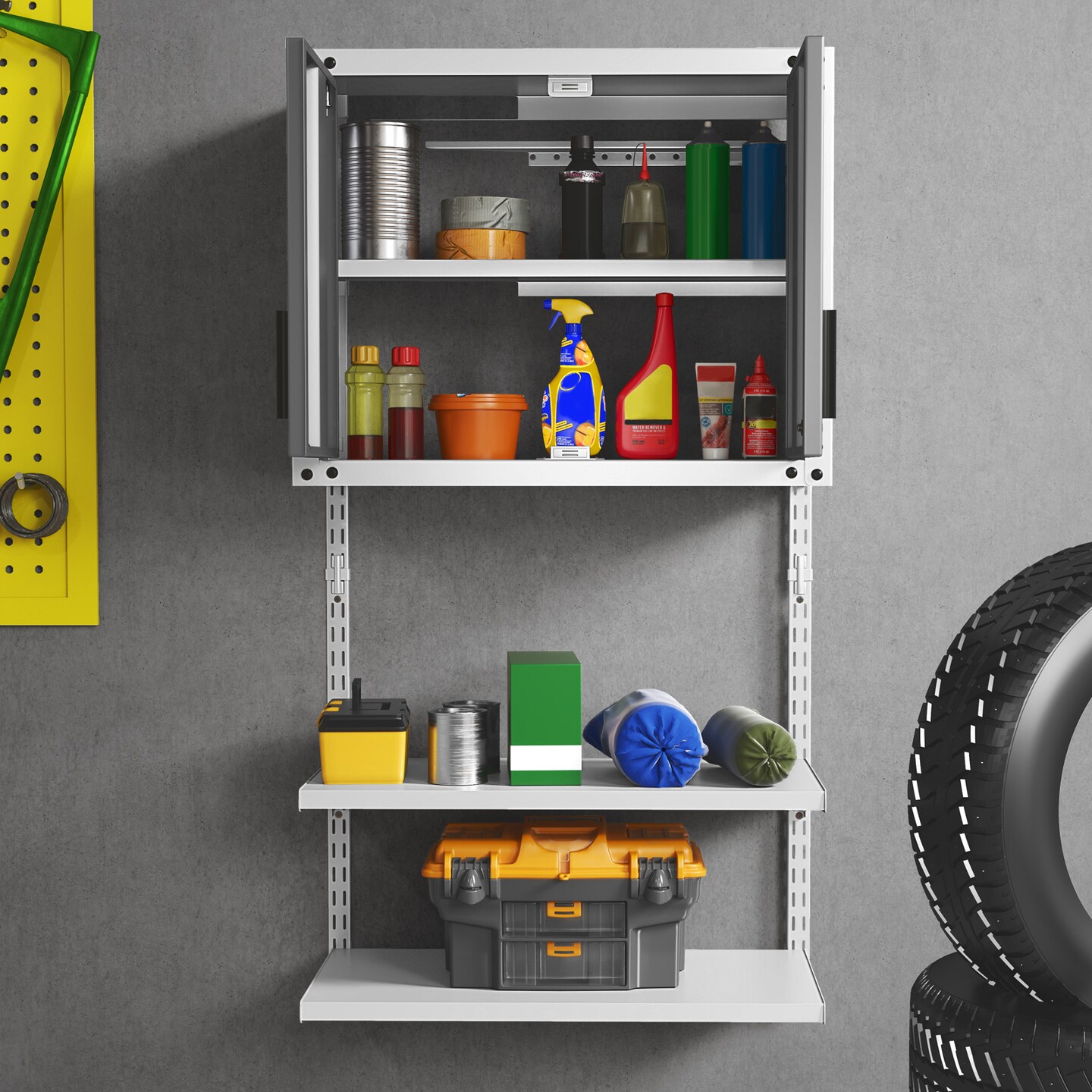 Grey Metal Wall 2 Door Cabinet with Lock and 3-Position Adjustable Shelves and 2 Open Shelves