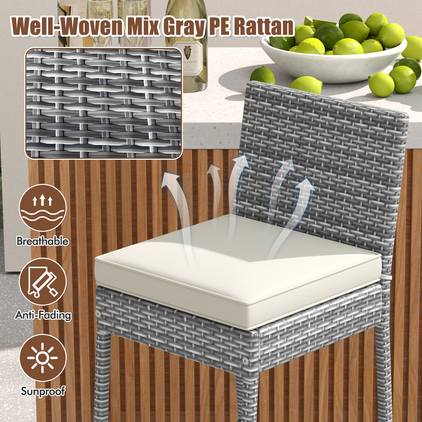 30" Inch Patio Wicker Bar-stools with Soft Seat Cushion and Footrest Ideal for Backyard or Balcony