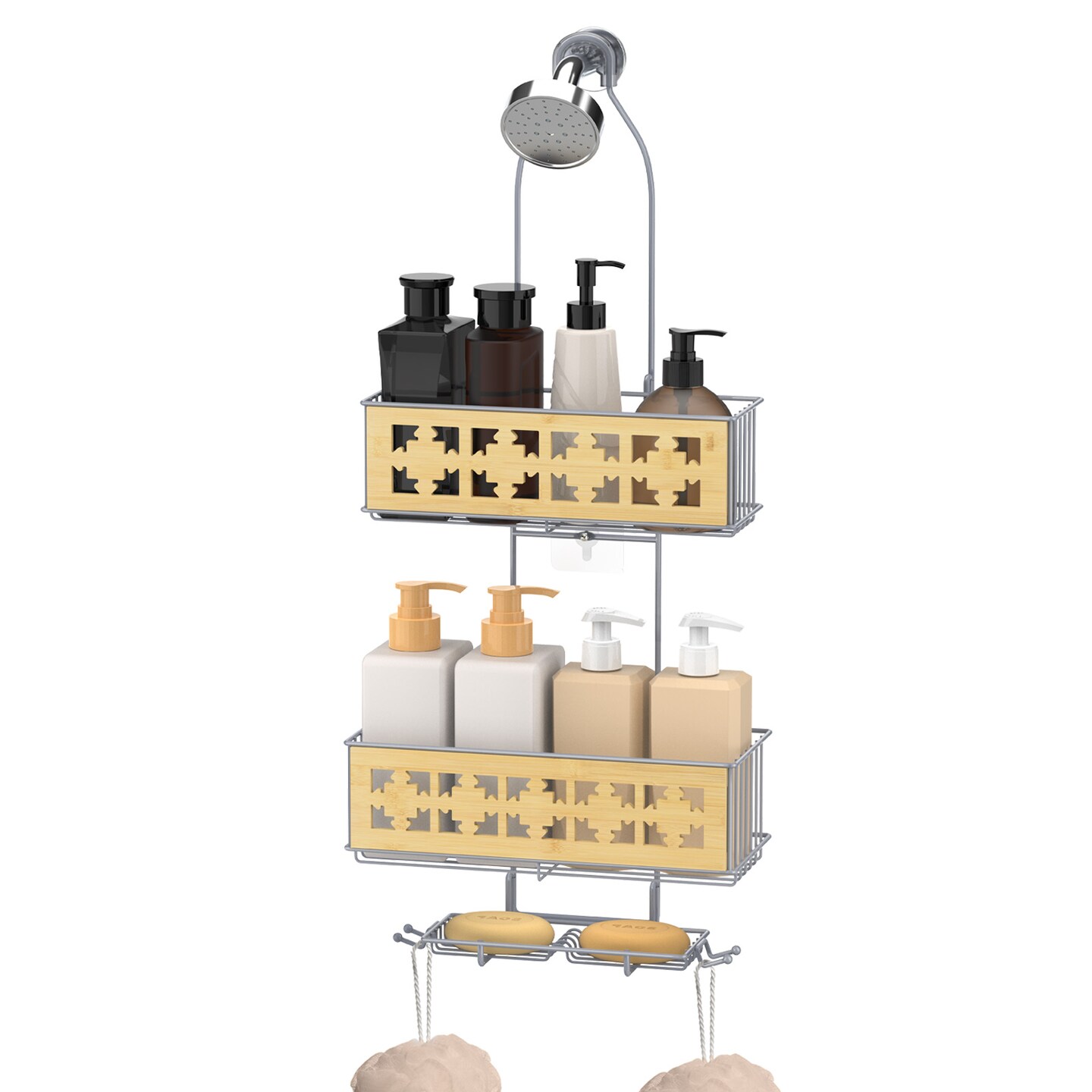 3-Tier Hanging Shower Caddy Over Shower Head – Rustproof Bathroom Organizer with Soap Holder, Bamboo Board & Hooks, No-Drill Installation (28.7"H, 40 lb Capacity)