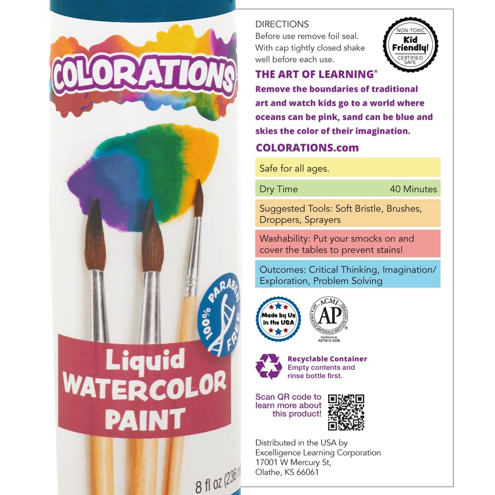 Classic Colors Liquid Watercolor Paint, Art Supplies, Set of 13 - 8oz Bottles in Vibrant Colors, Classroom Projects, Non-Toxic, Easy Wash, School, Craft Supply
