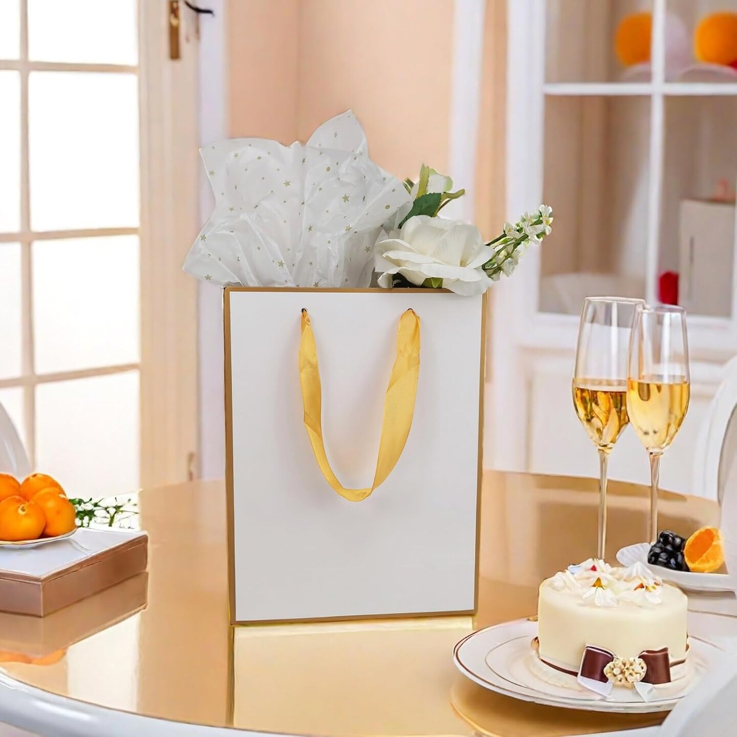 Gift Bags with Handles, 12 Pack 11.3 x 8.6 x 3.9 Gift Bags Medium size, White Gold Thank You Bags