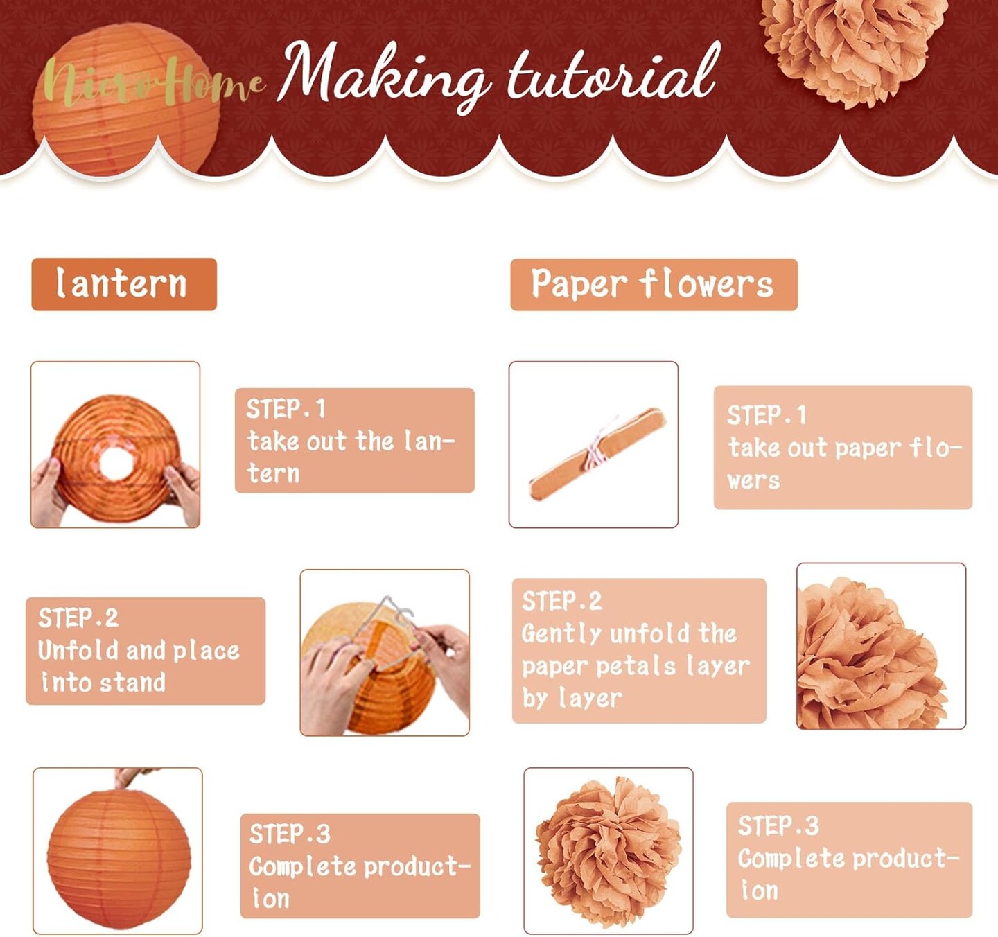 Wedding Decorations, 12 PCS Carmine Rust Orange Light Brown Tissue Paper Pom Poms and Lanterns for Rustic Classical Wedding, Baby Bridal Shower, Retro Party, New Year Party