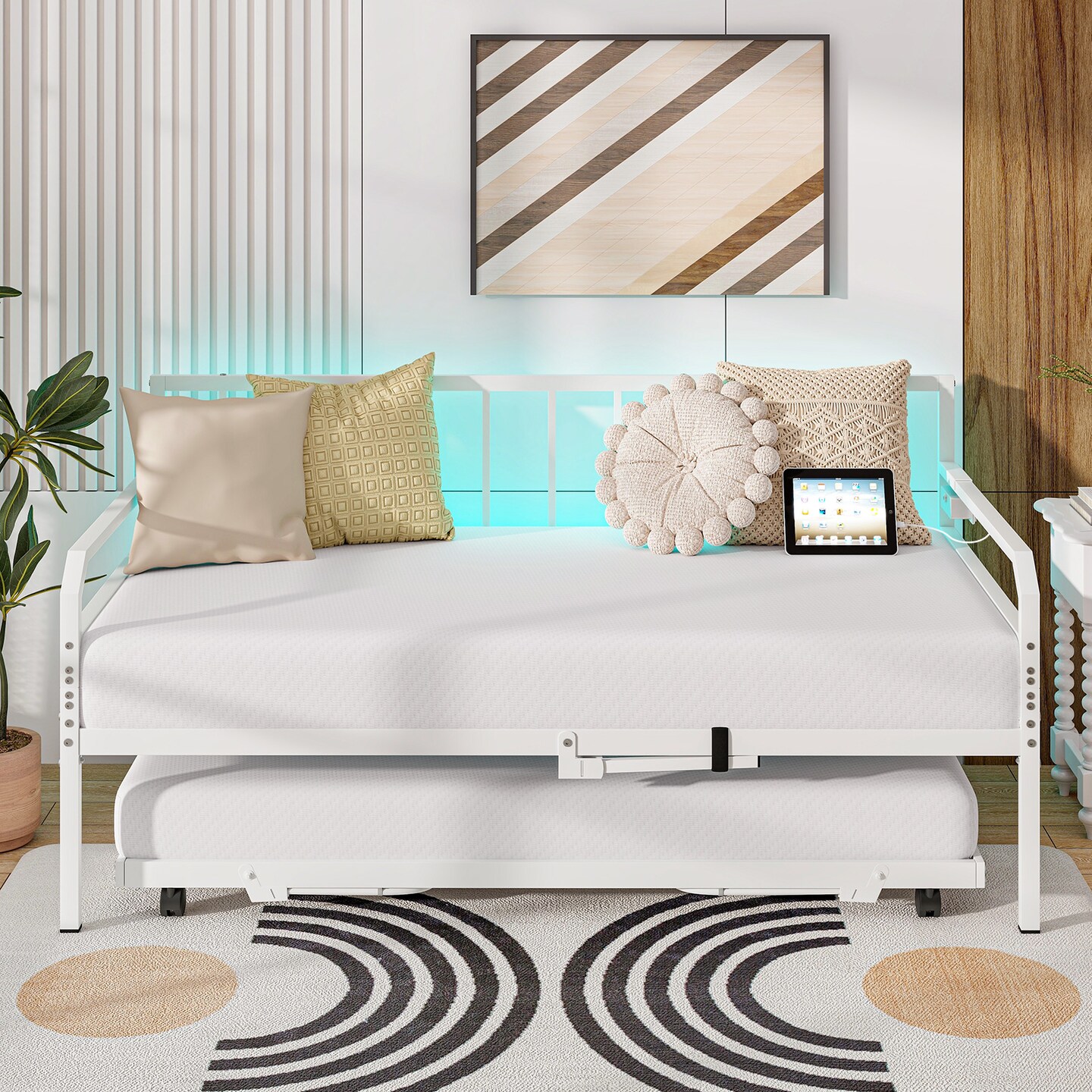 Adjustable Twin Daybed with Pop-Up Trundle, LED Lights and Power Strip