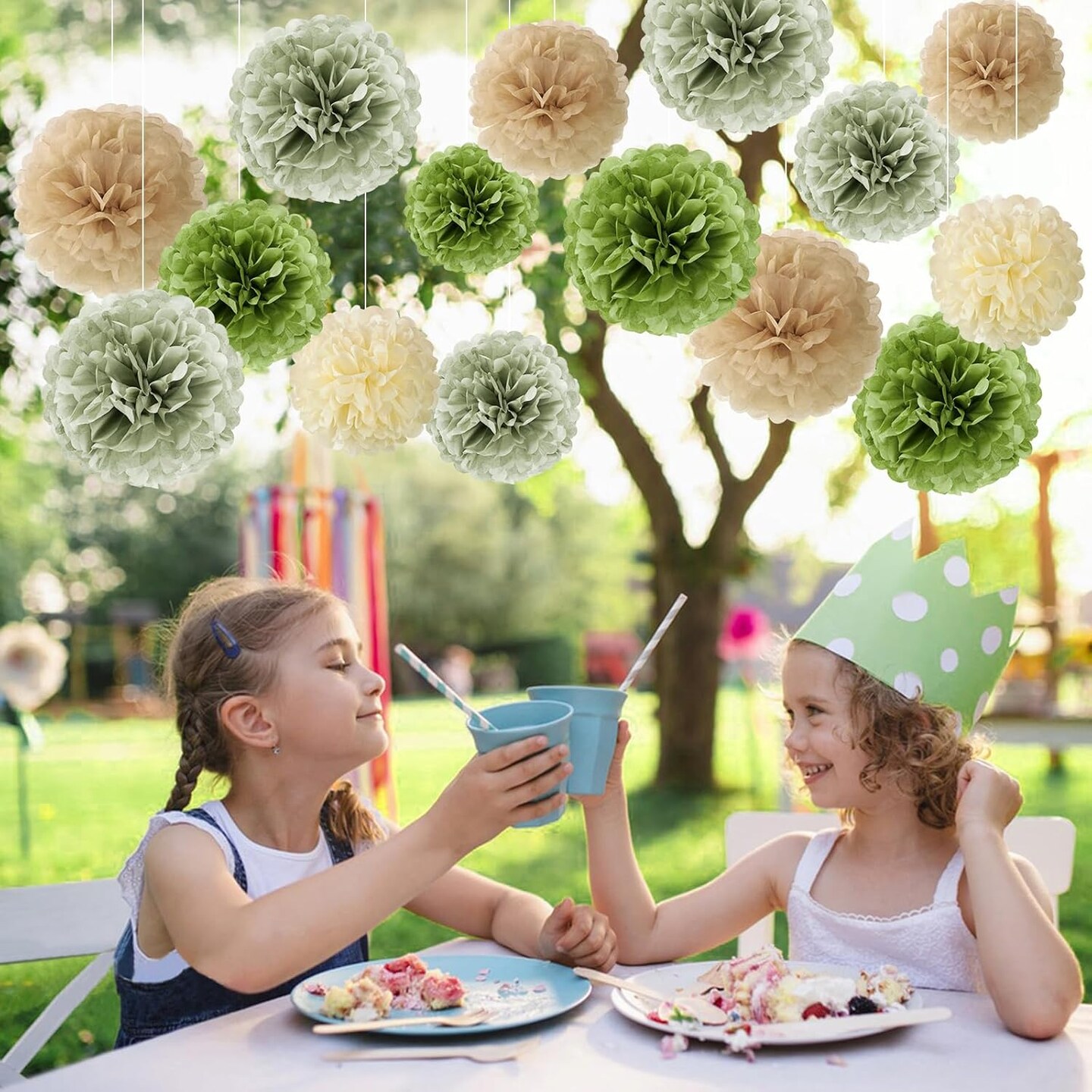 15 PCS Sage Green Pom Pom Decorations Sage Green Party Decorations Olive Green Decor Paper Flowers for Wall Sage Green Birthday Bridal Neutral Baby Shower Wedding Decor