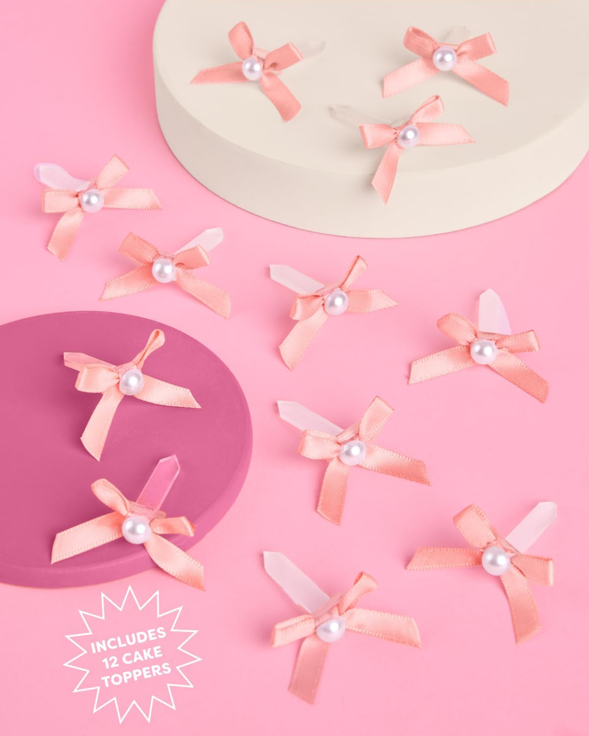 Mini Pink Bow + Pearl Cake Toppers | 12 pcs | Bachelorette Party Decoration, Birthday Candle Accessory, Engagement Dessert Decor, Bridal Food Supplies