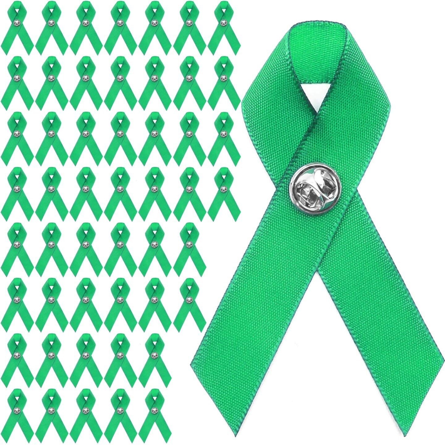 50 Pack Green Satin Awareness Ribbons with Clutch Pins (3.5 In)