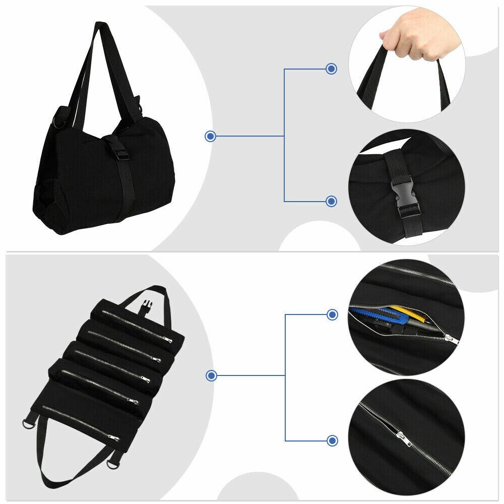 Portable Multi-Purpose Roll-Up Tool Organizer Bag - Heavy-Duty Waterproof Waxed Canvas Wrench Roll with Zippered Pockets &#x26; Buckles for Tools, Survival Kits, and DIY Supplies (Black)