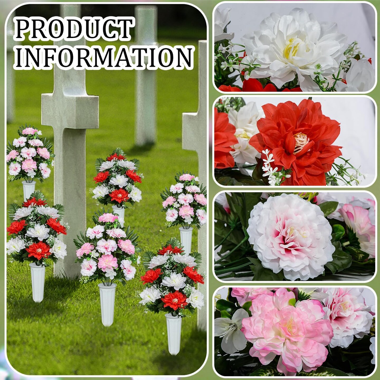 Set of 4 Artificial Cemetery Flowers – Spring Dahlia Memorial Bouquets with Vases for Graveyard and Headstone Decoration.