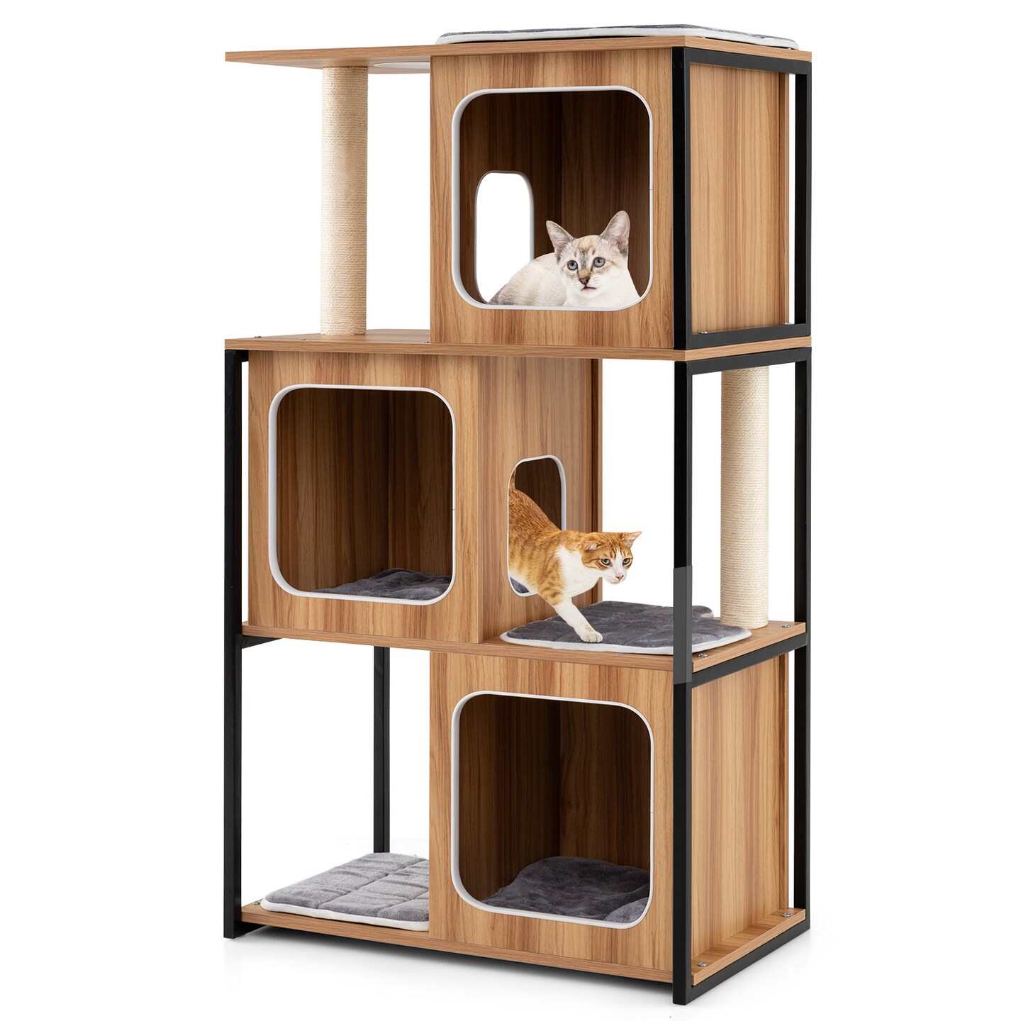 Natural Gray Engineered Wood Multi-Level Cat Tower with Metal Frame