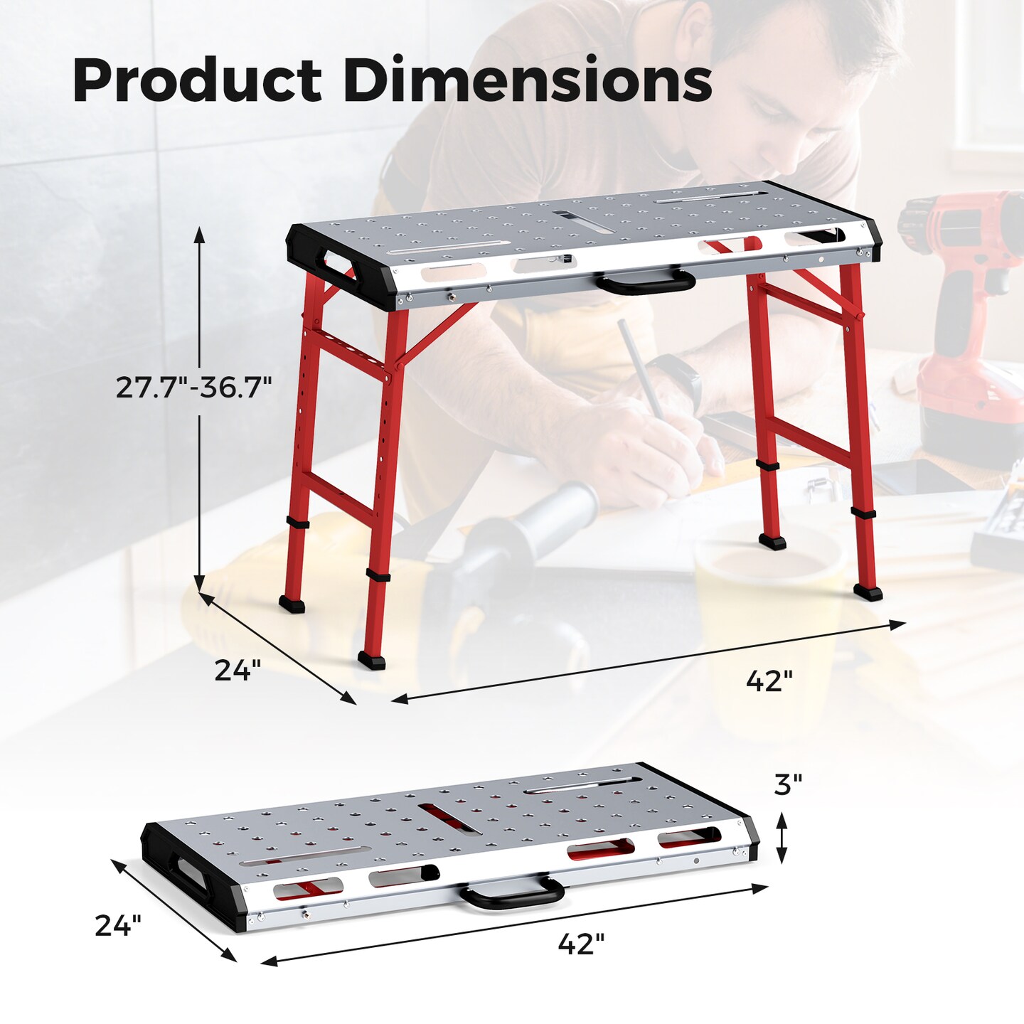 Silver Red Portable Welding Table with Galvanized Metal Top 1000 lbs