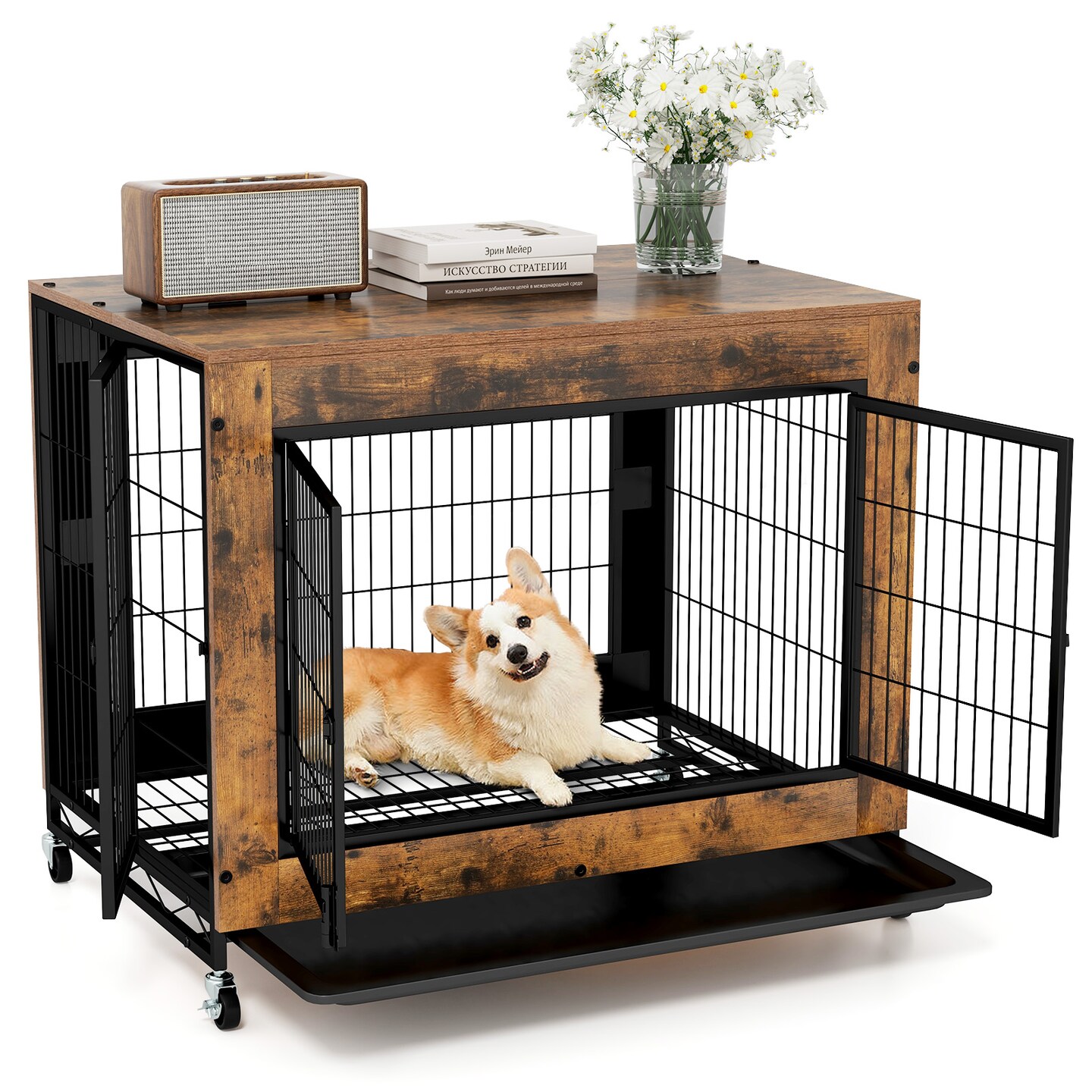 Rustic Brown Flip-up Top Dog Kennel with Removable Tray and 3 Lockable Doors