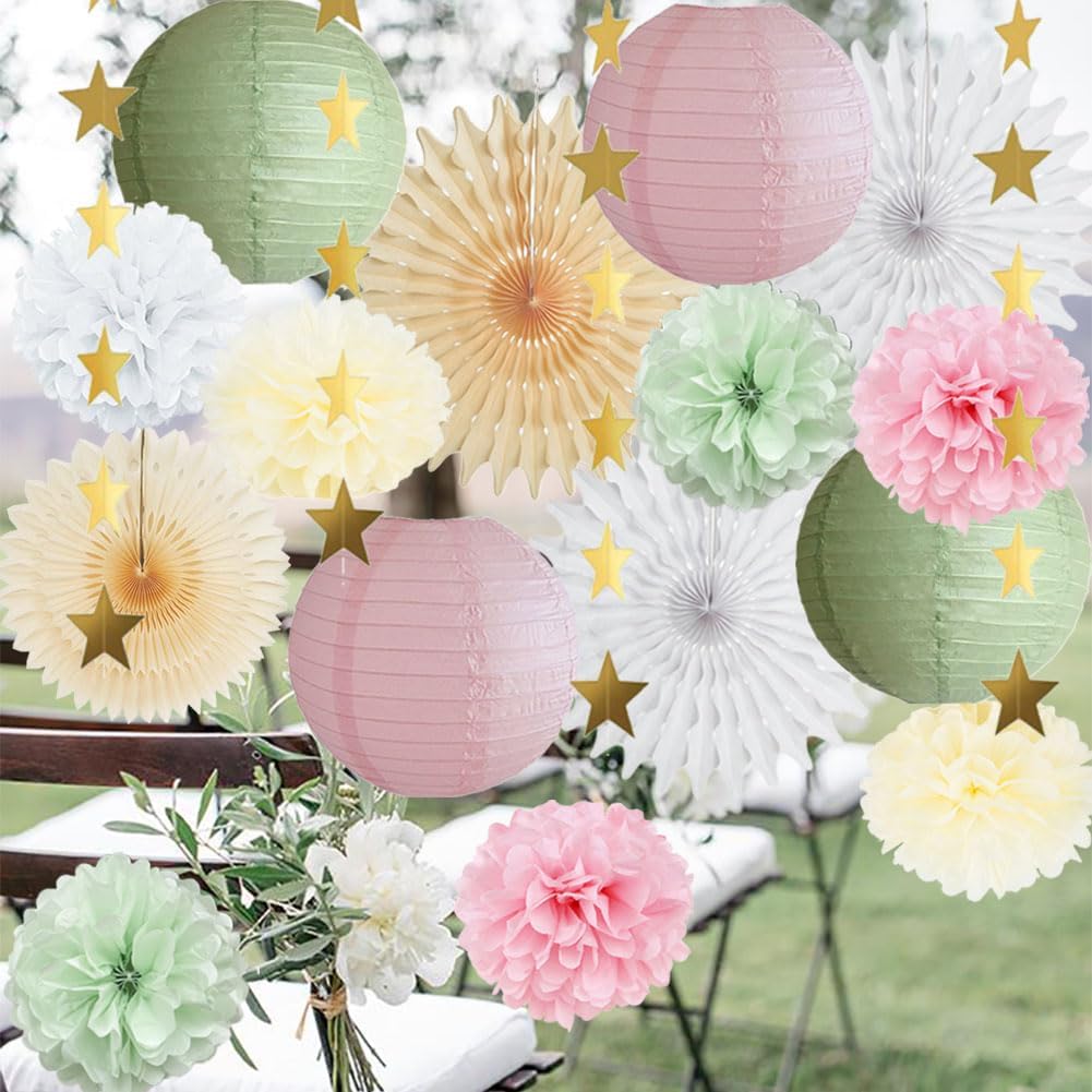 Sage Green and Pink Party Decorations Paper Lanterns Decorative Pink Gold Tissue Paper Pom Poms Sage Green Party Decorations Gold Star Garland for Baby Shower Bridal Shower Birthday Wedding Engagement