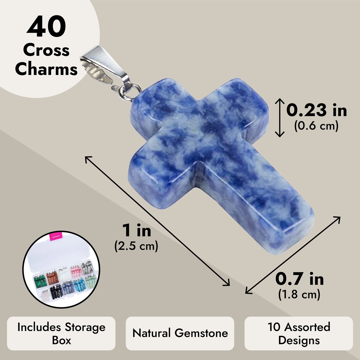40 Piece Cross Charms for Jewelry Making, Bracelets, with Bail, Storage Case, Natural Gemstone Pendants for Necklaces, DIY Crafts, Keychains (10 Colors)