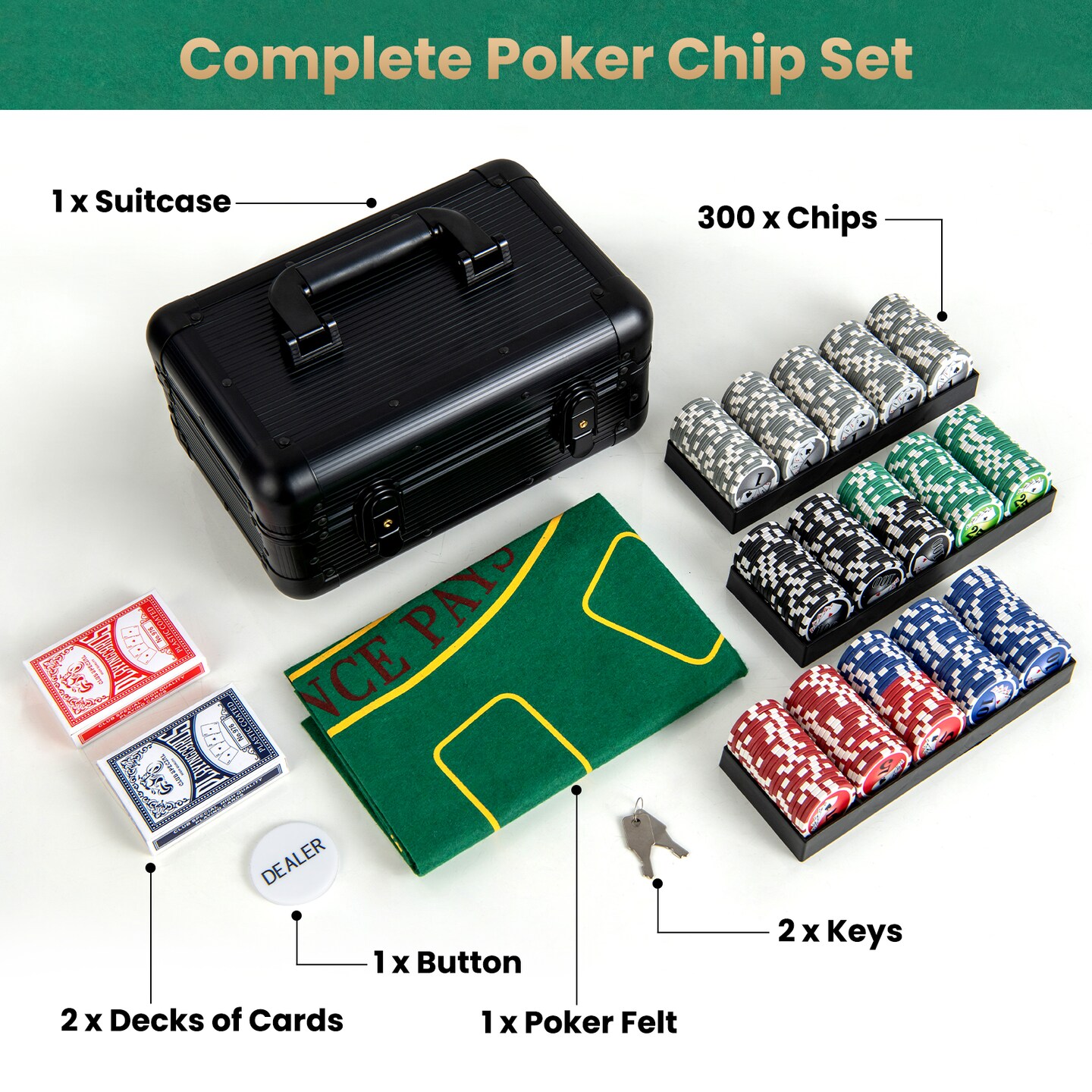 300 Poker Chip Set with Lockable Aluminum Case and Poker Felt Cards Dealer Button