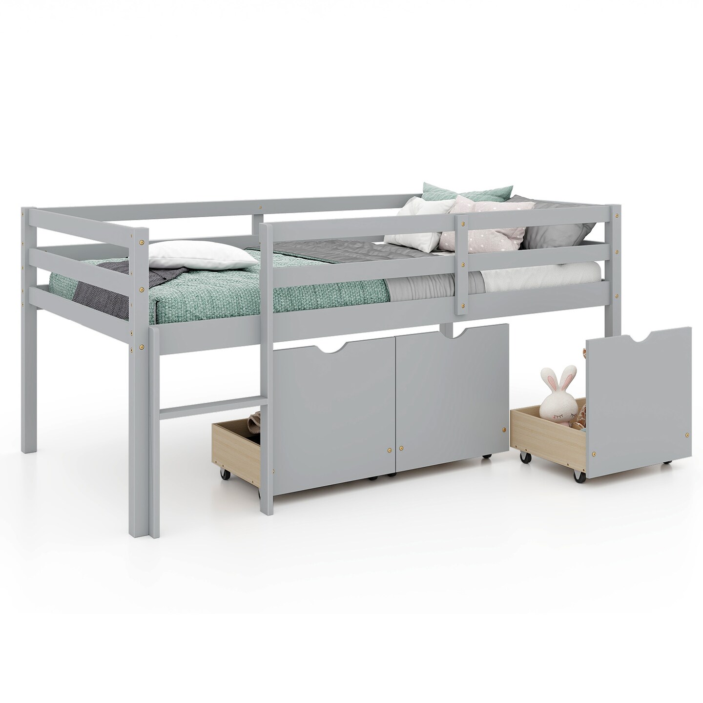 Twin Size Low Loft Bed with 3 Storage Drawers Ladder and Guardrails