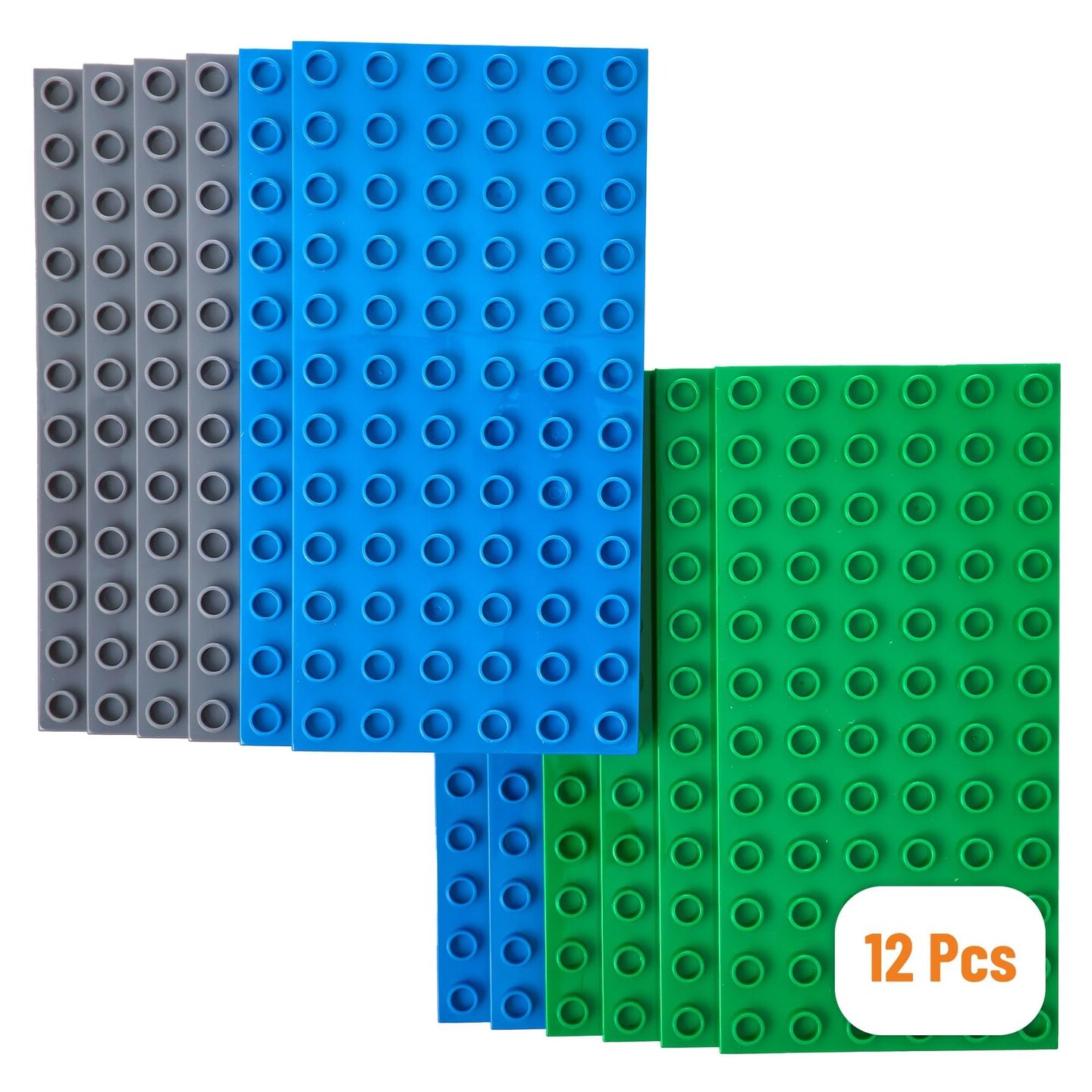 Strictly Briks Building Toy Big Blocks Baseplates - Compatible with Lego Duplo for Toddlers & Kids, 12 Pack Flat Bottom Plate, 7.5 x 3.75 in, Kids Easter Gift, Blue/Green/Grey
