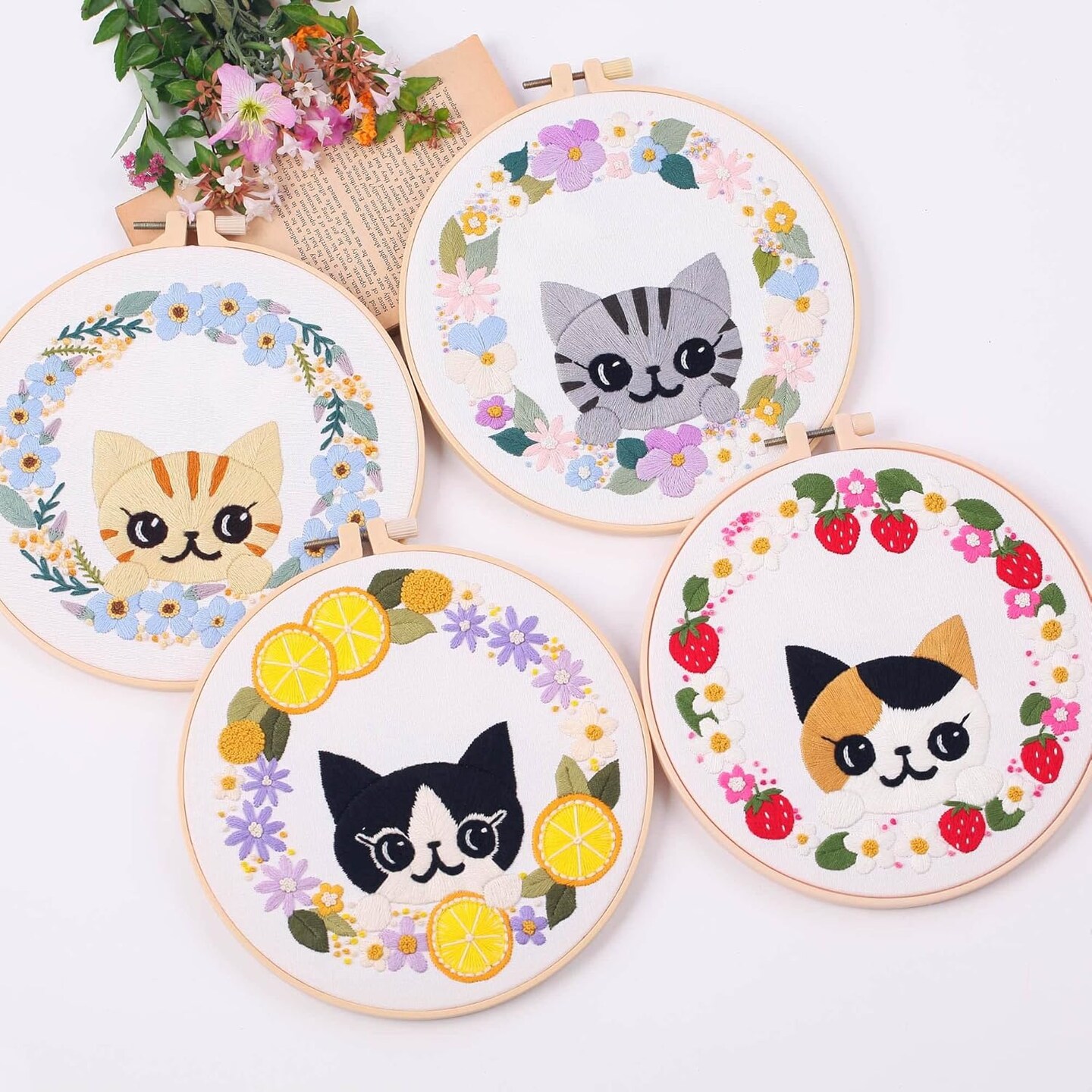 4pcs Beginner Embroidery Kit,Cute cat Pattern,Cross Stitch Kits