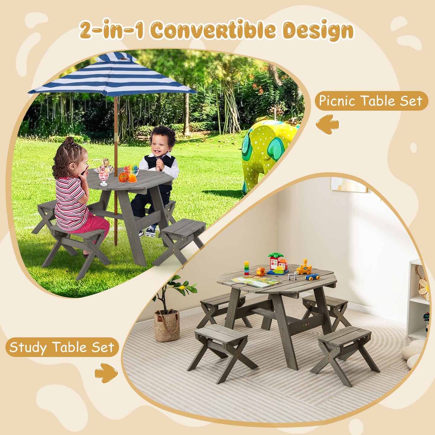 2-in-1 Convertible Kids Wooden Table Set with Umbrella Hole Perfect Gift for Your Kids