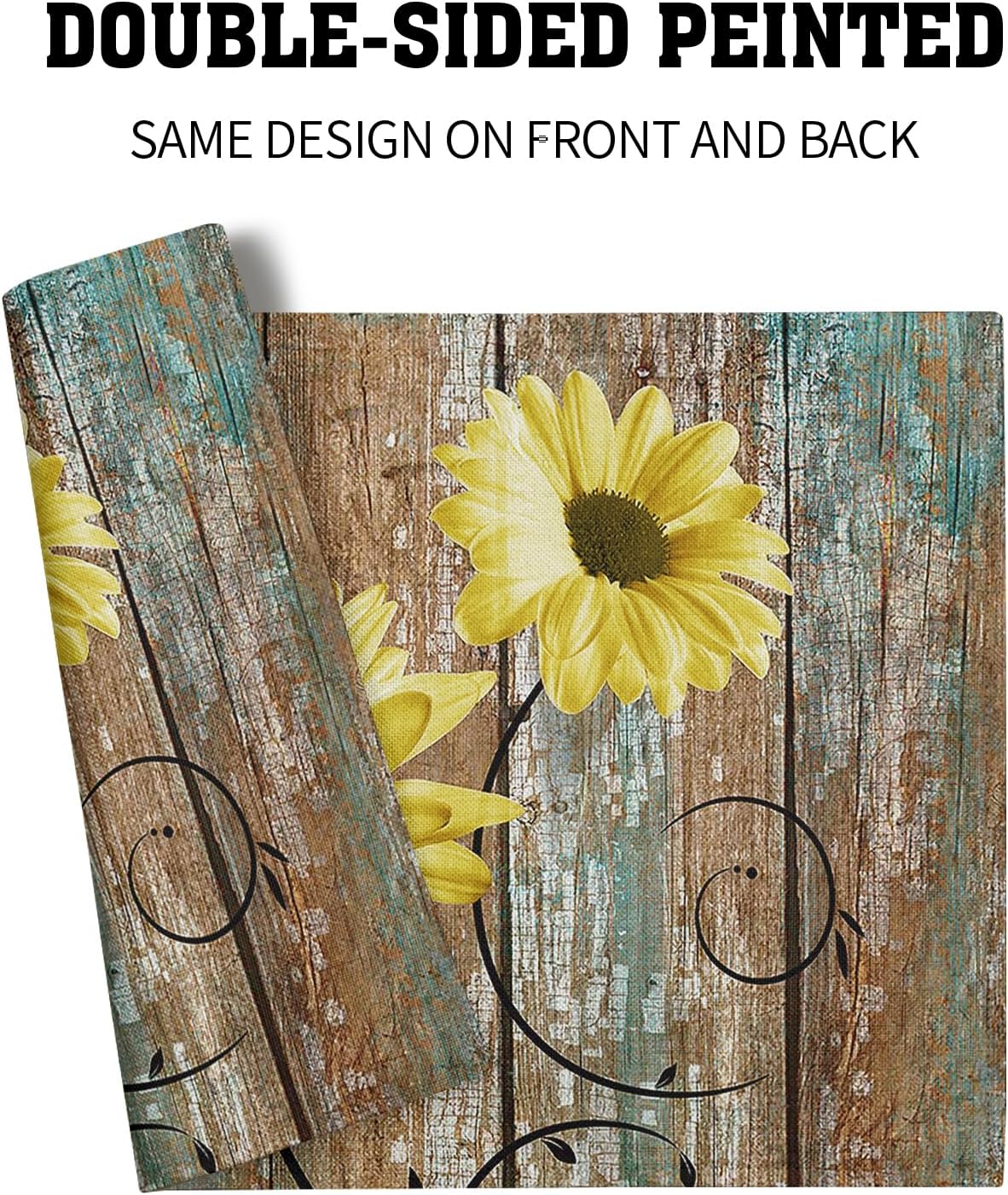 Summer Rustic Daisy Placemats Set of 4- Yellow Sunflowers Vintage Wood Board Linen Place Mat- Farmhouse Wooden Floral Non Slip Heat Resistant Table Mats for Kitchen Dining Cabin Lodge Decor