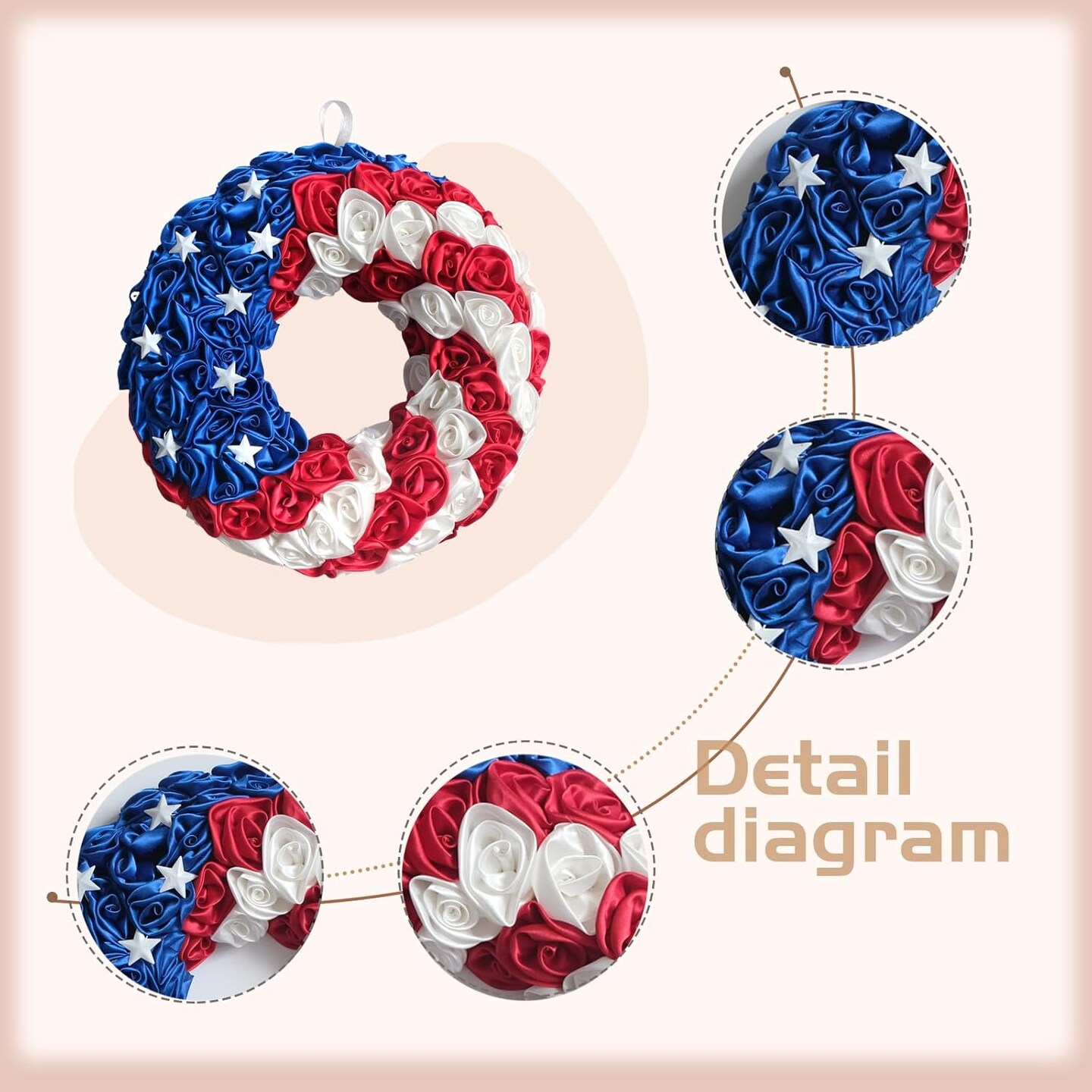 14 Inch Patriotic Roses Handcrafted Wreath, Artificial 4th of July Soft Touch Silk Roses and Metal Stars Wreath for Wall Decor