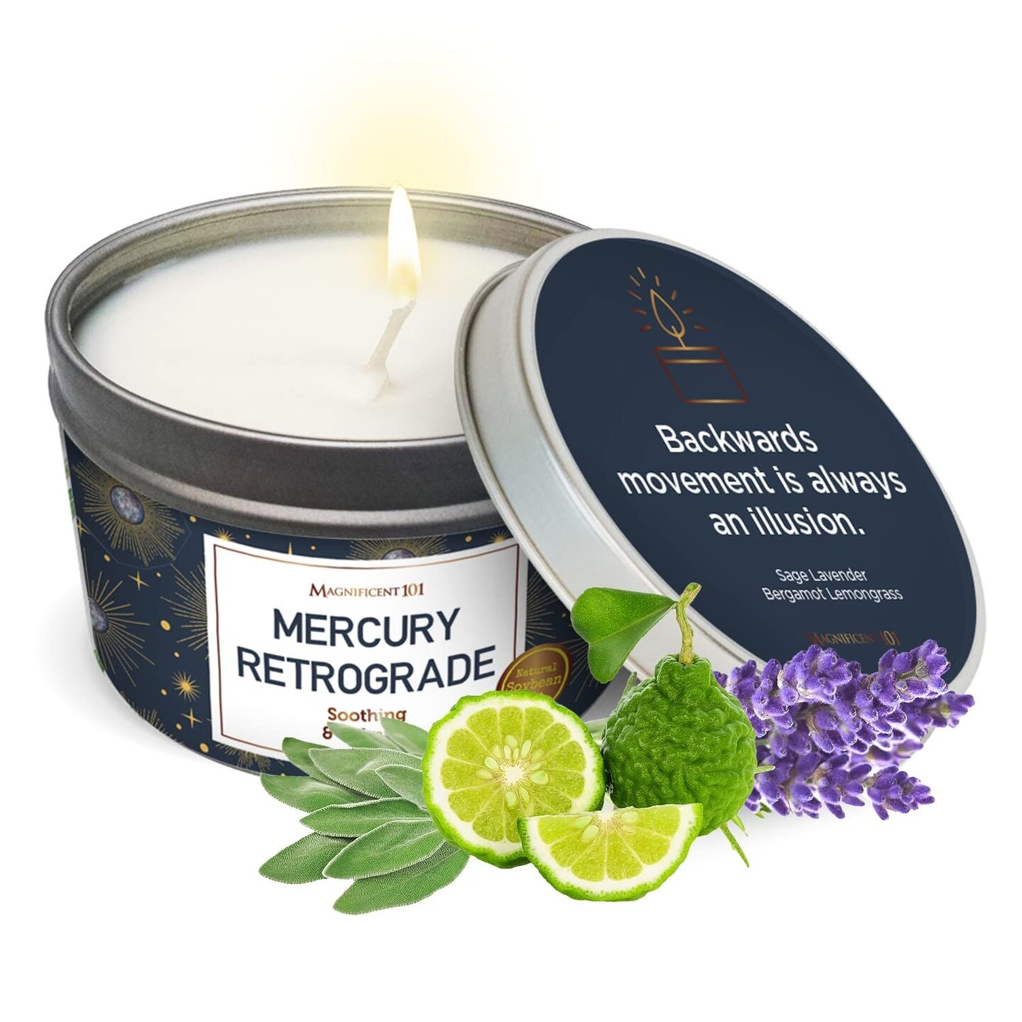 Magnificent 101 Mercury Retrograde Aromatherapy Candle &#x2013; 6 Oz &#x2013; 30 Hour Burn | All Natural Soy Wax Tin Candle for Purification, Relaxation, Chakra Healing &#x26; Manifestation