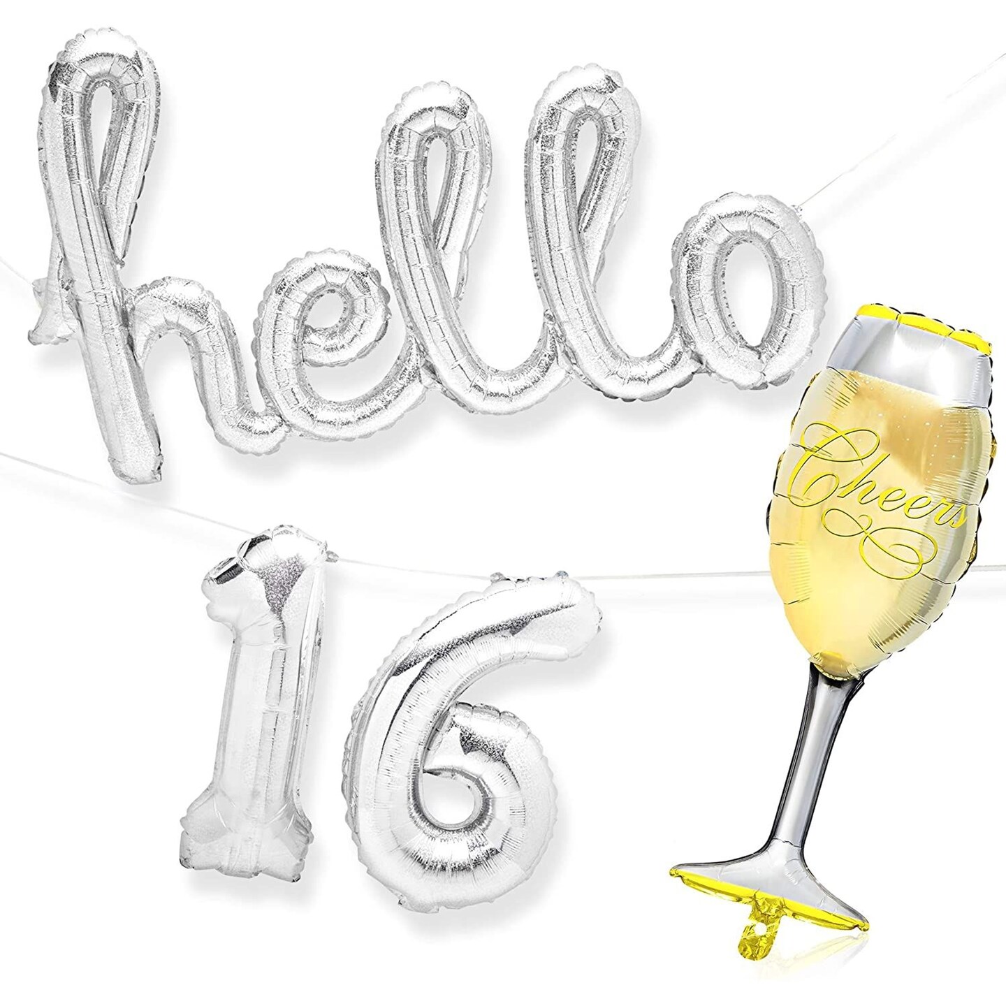 16th Birthday Balloons, Hello 16 (Holographic, 8 Pieces)