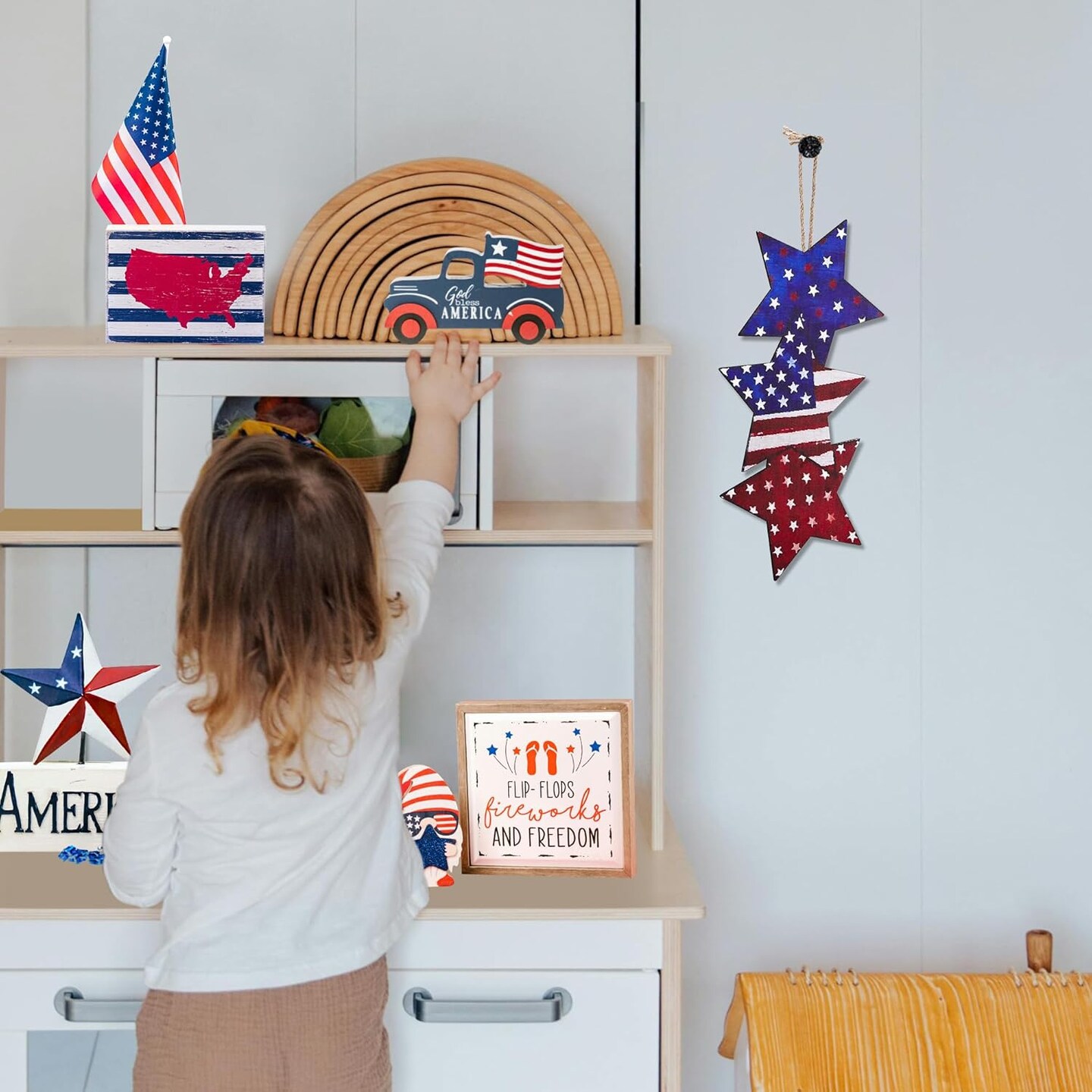 4th of July Wooden Door Sign, Double-Sided Patriotic Stars Decor