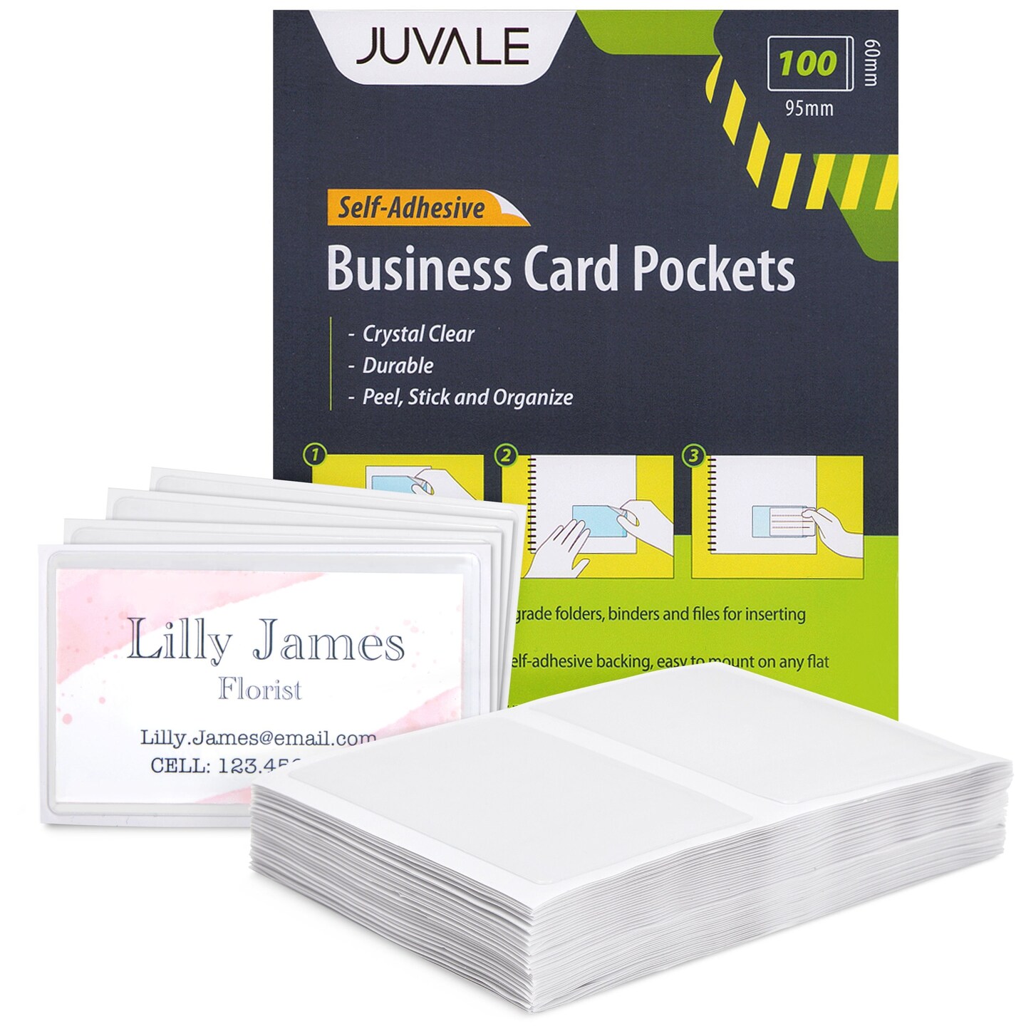 100-Pack Clear Business Card Pockets Holders 3.75x2 In, Self-Adhesive Side Load Plastic Protector, Sleeves Labels, Bulk Set for Storage, Organization, Labeling Bins, Folders, and Files