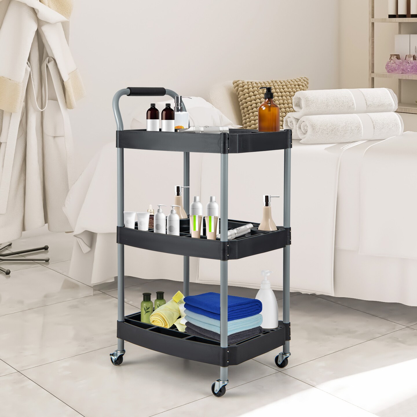 Black 3 Tier Rolling Tool Cart Metal Detailing Organizer Storage Cart with Wheels Utility Service Cart with Shelves Bottle Holders for Garage Salon Beauty Shop Home Use