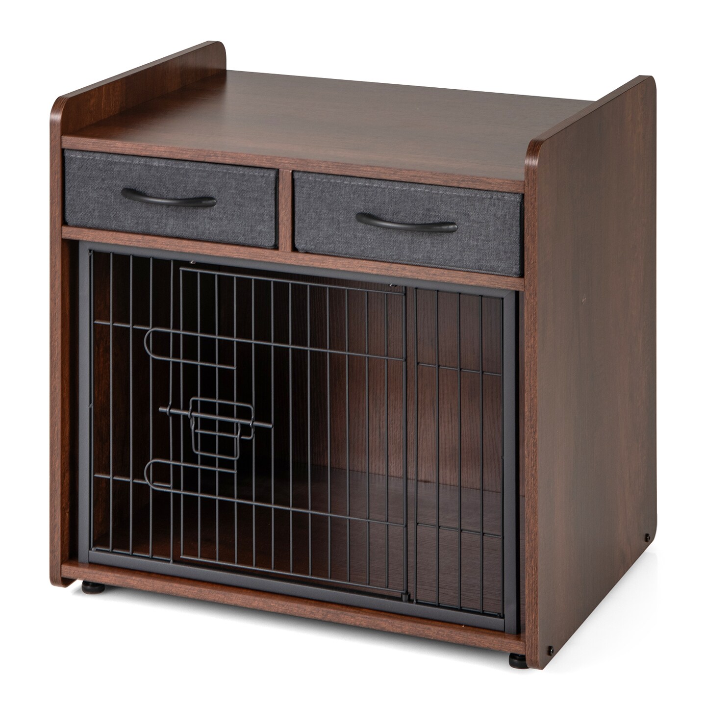 Brown Dog Crate Cage End Table with 2 Fabric Drawers Ideal for Small or Medium Pets