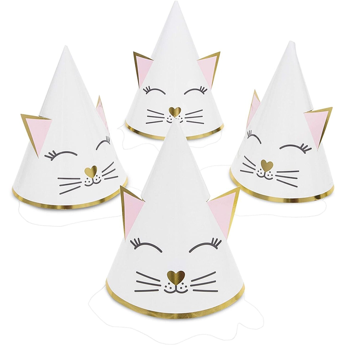 Cat Birthday Party Cone Hats (White, Pink, 24 Pack), Ages 3-14