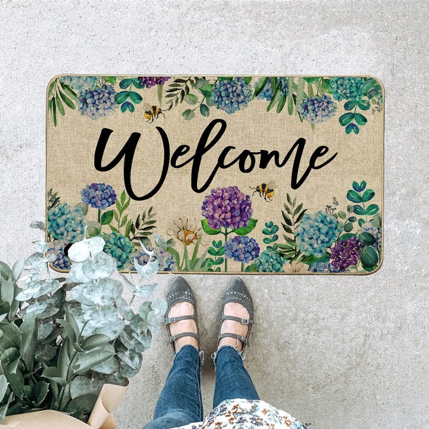 Spring Summer Hydrangea Doormat Outdoor Rug Purple Blue Flower Floral Front Welcome Decorative Door Mat Anti-Slip Rubber for Seasonal Kitchen Entrance Indoor Floor Decoration 17 x 29 Inch