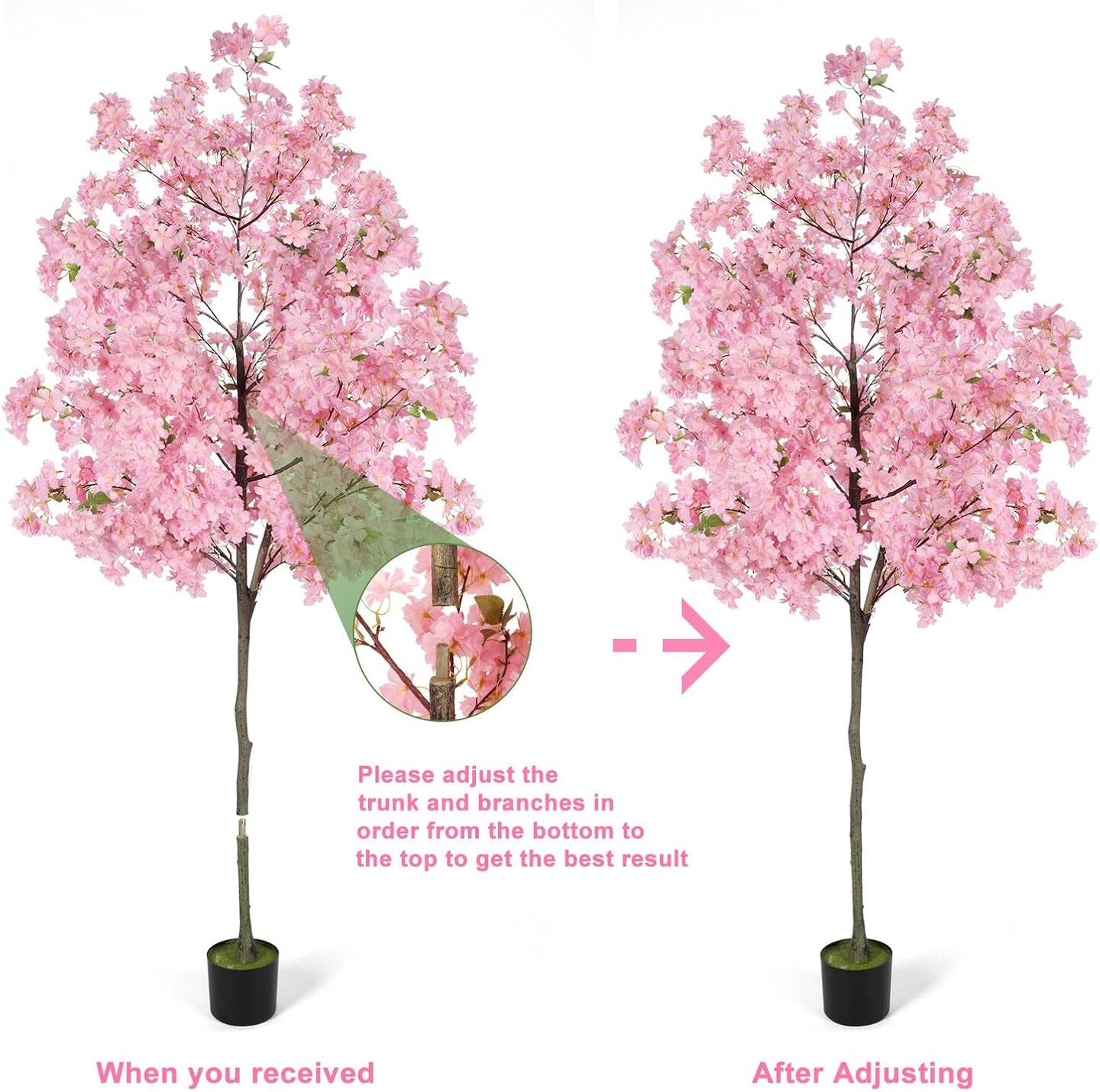 6FT Tall Cherry Blossom Artificial Tree with Realistic Pink Flowers & Green Leaves, Faux Silk Plant in Nursery Pot - Indoor/Outdoor Decor, Maintenance-Free