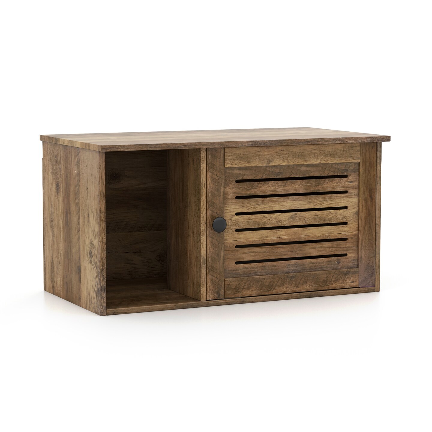 Oak Wooden Cat Litter Box Enclosure with Open Compartment and Louvered Shutter Door
