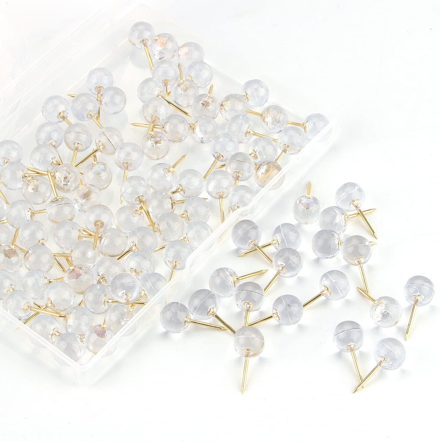 100 pcs 1/3 inch gold push pins map tacks steel point with transparent round heads