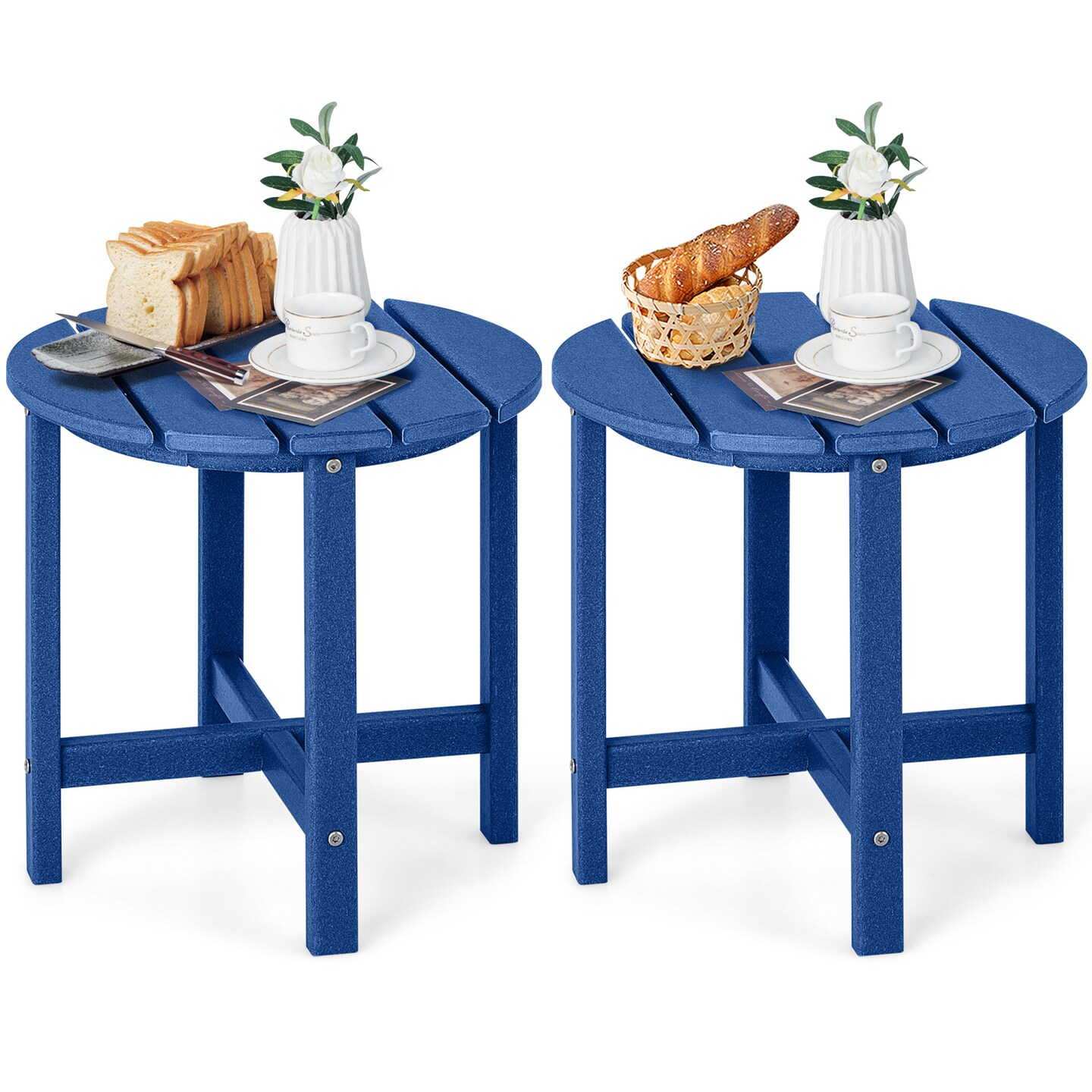 18 Inch Set of 2 Round Outdoor Adirondack Side Tables with Slatted Design and X-Shaped Structure