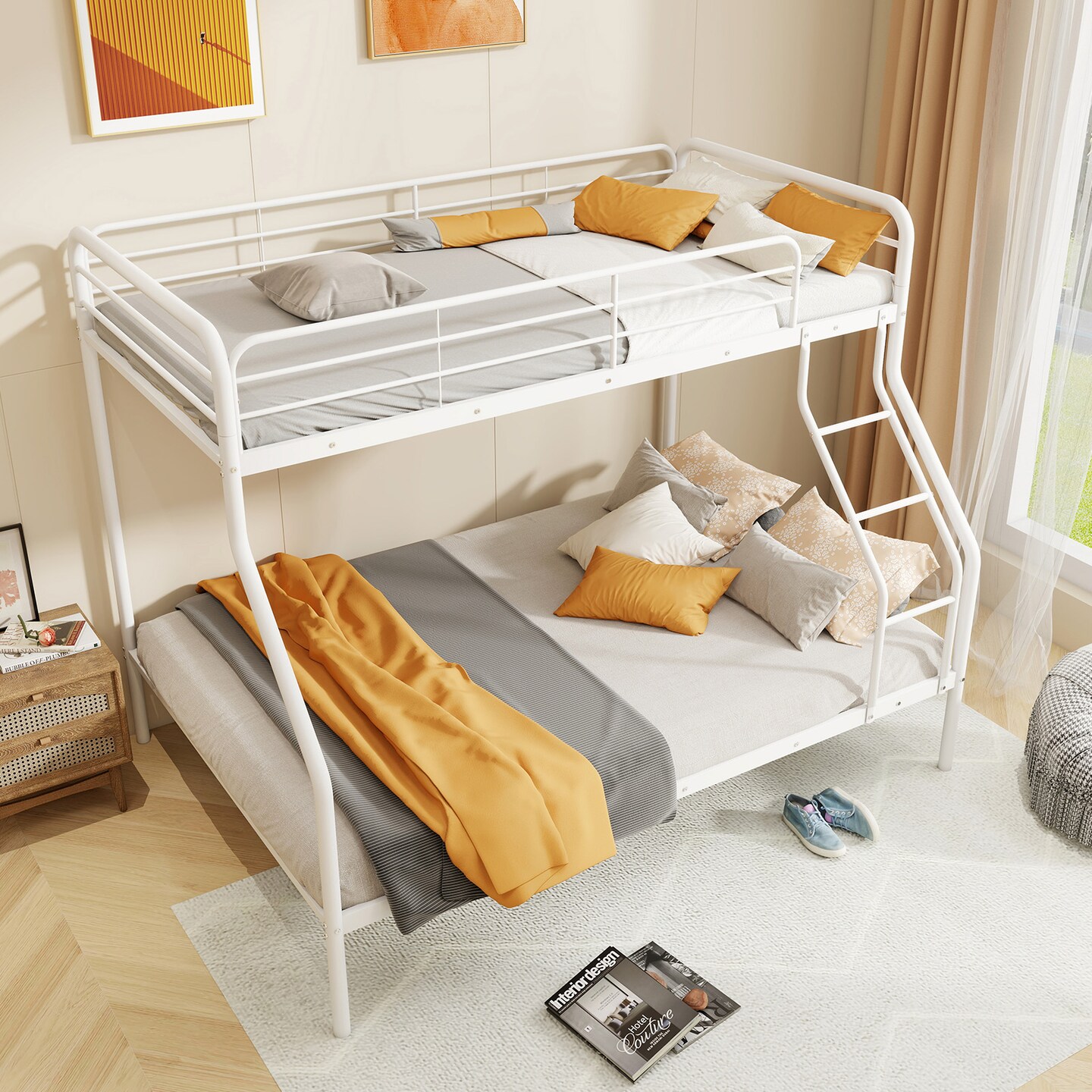 Twin Over Full Metal Bunk Bed with Guardrails, Ladder, Storage Space and Sturdy Construction
