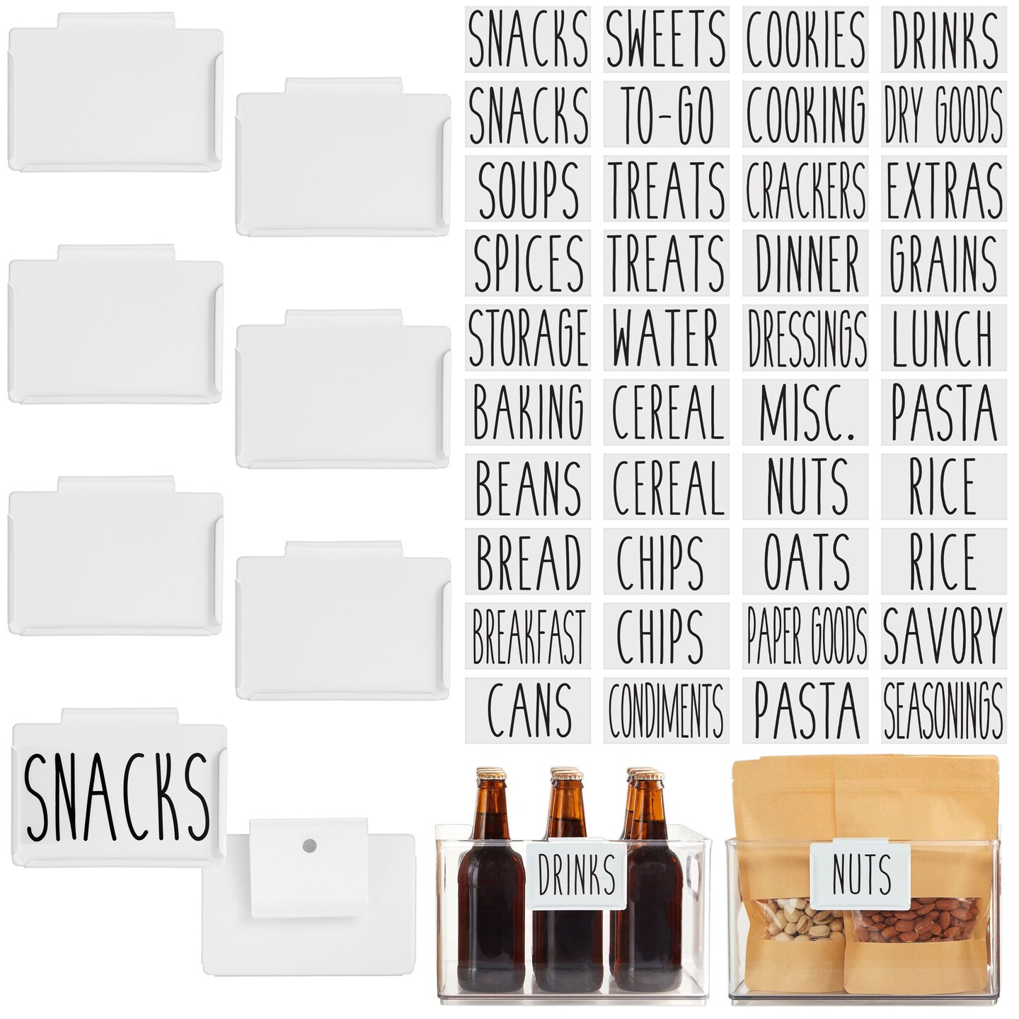 Talented Kitchen 8 Piece Metal Basket Labels Clip On Holders with 40 Labels for Kitchen Storage, White Label Clips for Storage Bins