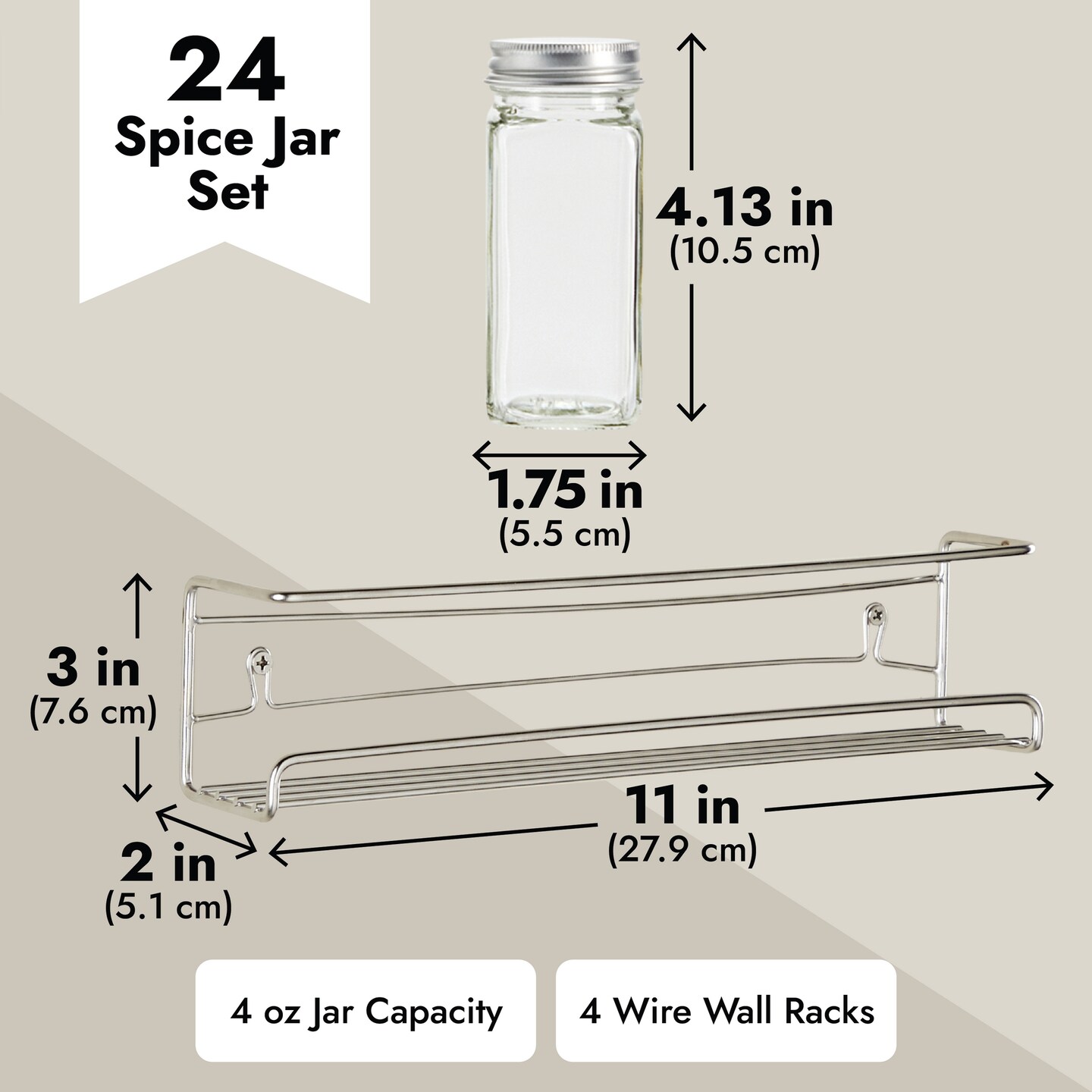 Talented Kitchen 4 Stainless Steel Wall-Mounted Spice Racks Organizer for Wall and Cabinet Door with 24 Pcs 4-Ounce Glass Spice Jars, 269 Preprinted Seasoning Labels (2 Styles)