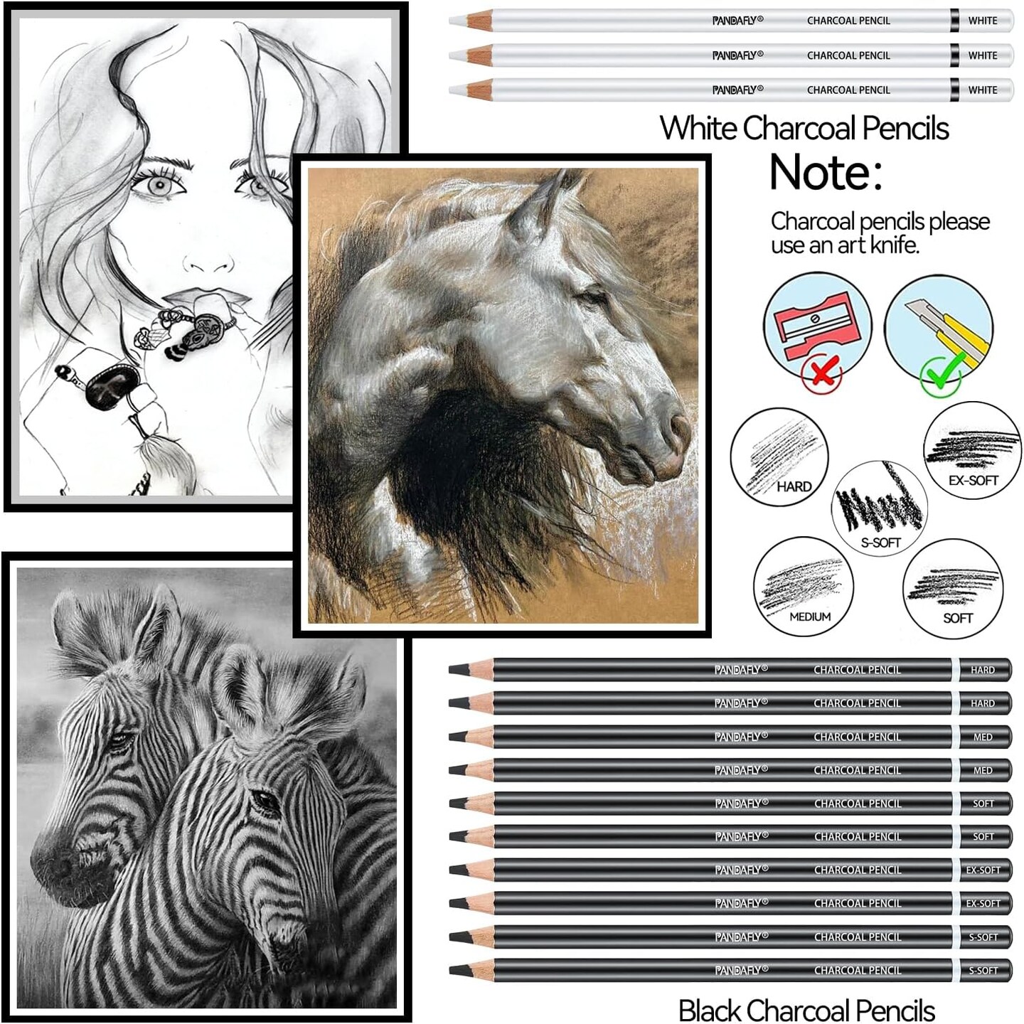 Charcoal Pencils Drawing Set, 24 Piece Black &#x26; White Charcoal Pencils for Drawing, Sketching, Shading, Blending, Artist Pencils for Kid, Beginners &#x26; Pro Artists