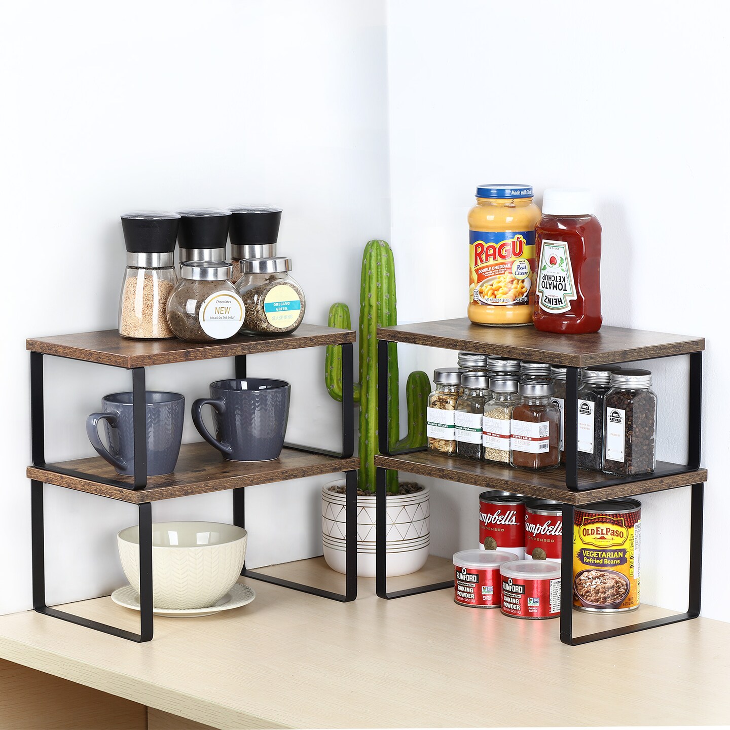 4-Pack Stackable Expandable Cabinet Shelf Organizer – Wood & Metal Counter Rack for Kitchen, Bathroom, Pantry (Multi-Configurable, Easy Install)