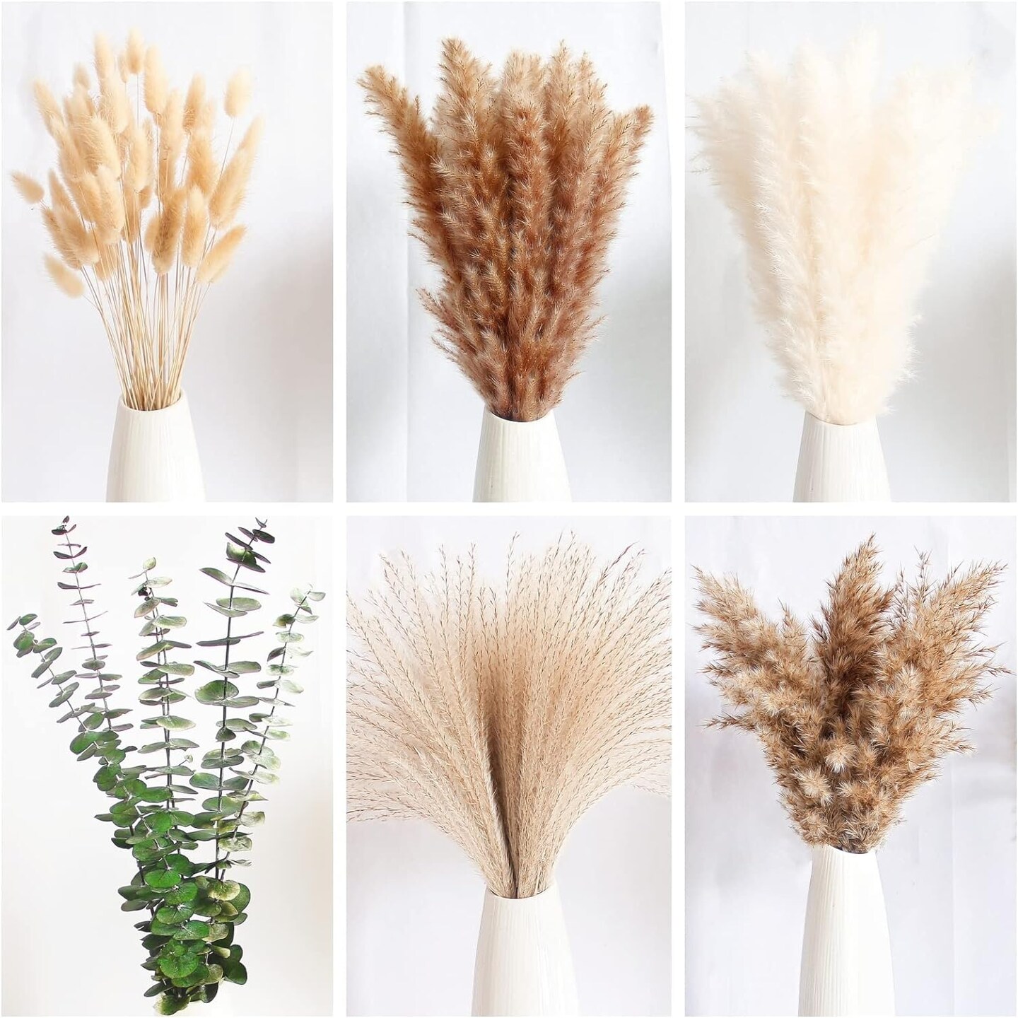 Boho Pampas Grass Decor, Naturally Dried Pompas, Bunny Tails Dried Flowers, and dried eucalyptus. Perfect for Weddings
