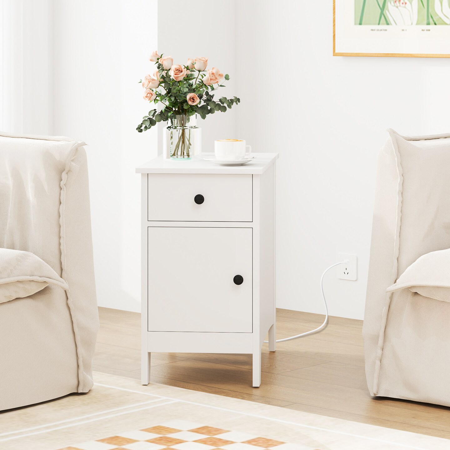 Flip Top Beside End Table with Charging Station Power Outlets and Pull-Out Drawer and Cabinet