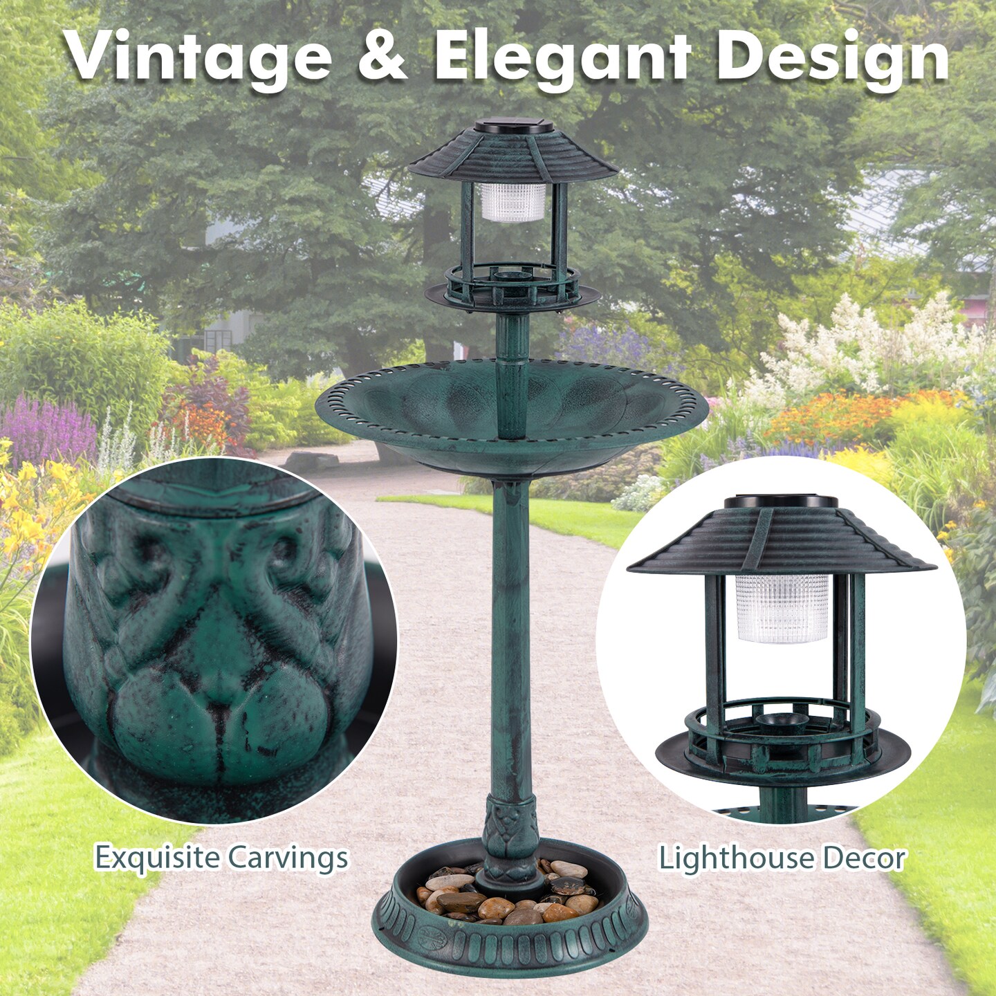 PP Solar Bird Bath Feeder Planter with LED Light and Vintage Design