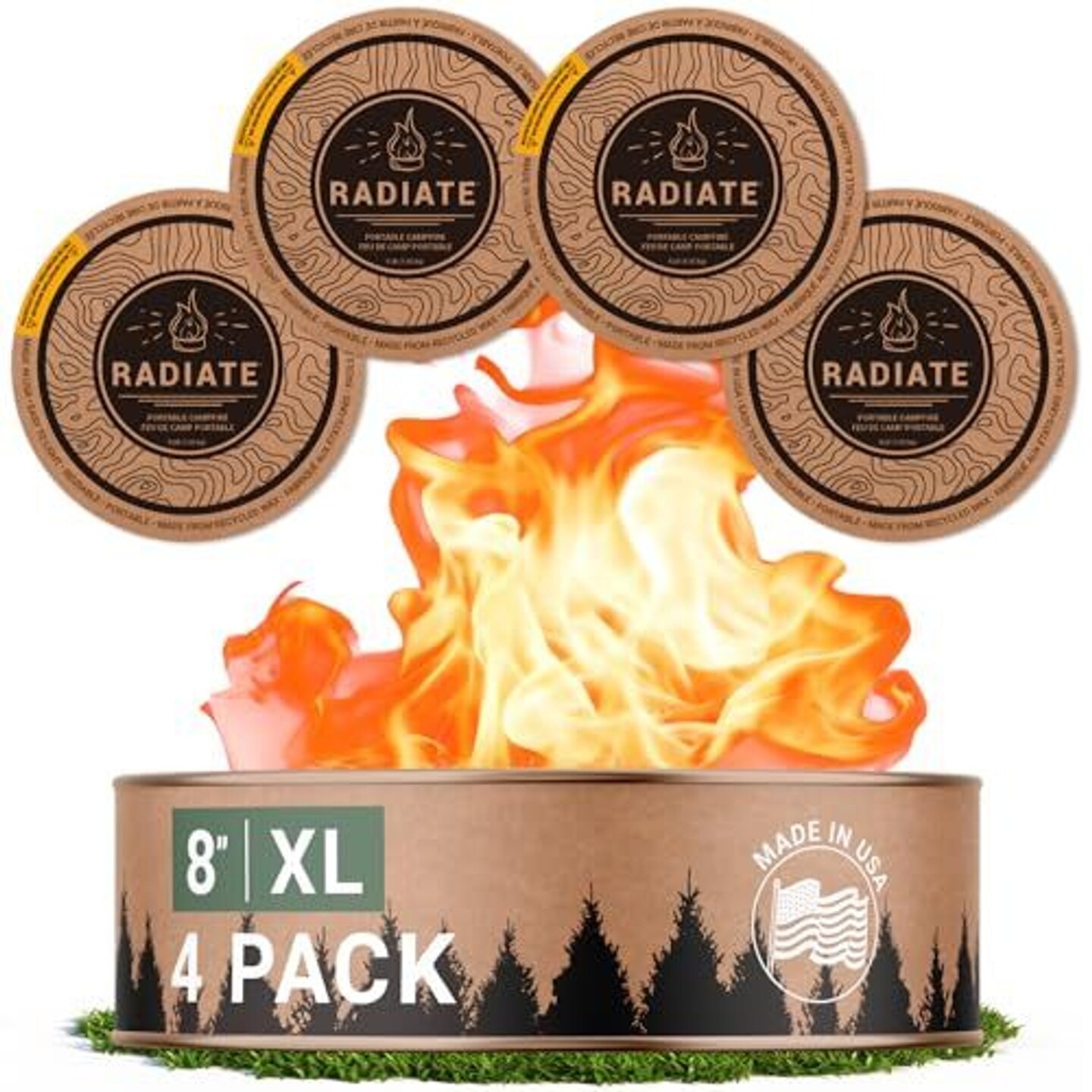 Radiate 4 Pack XL 8&#x22; Portable Campfire As Seen On Shark Tank - Up to 5 Hours of Burn Time, Reusable Travel Fire Pit for Camping, Patios and Beach Days - Great Alternative to a Real Fire - Made in USA