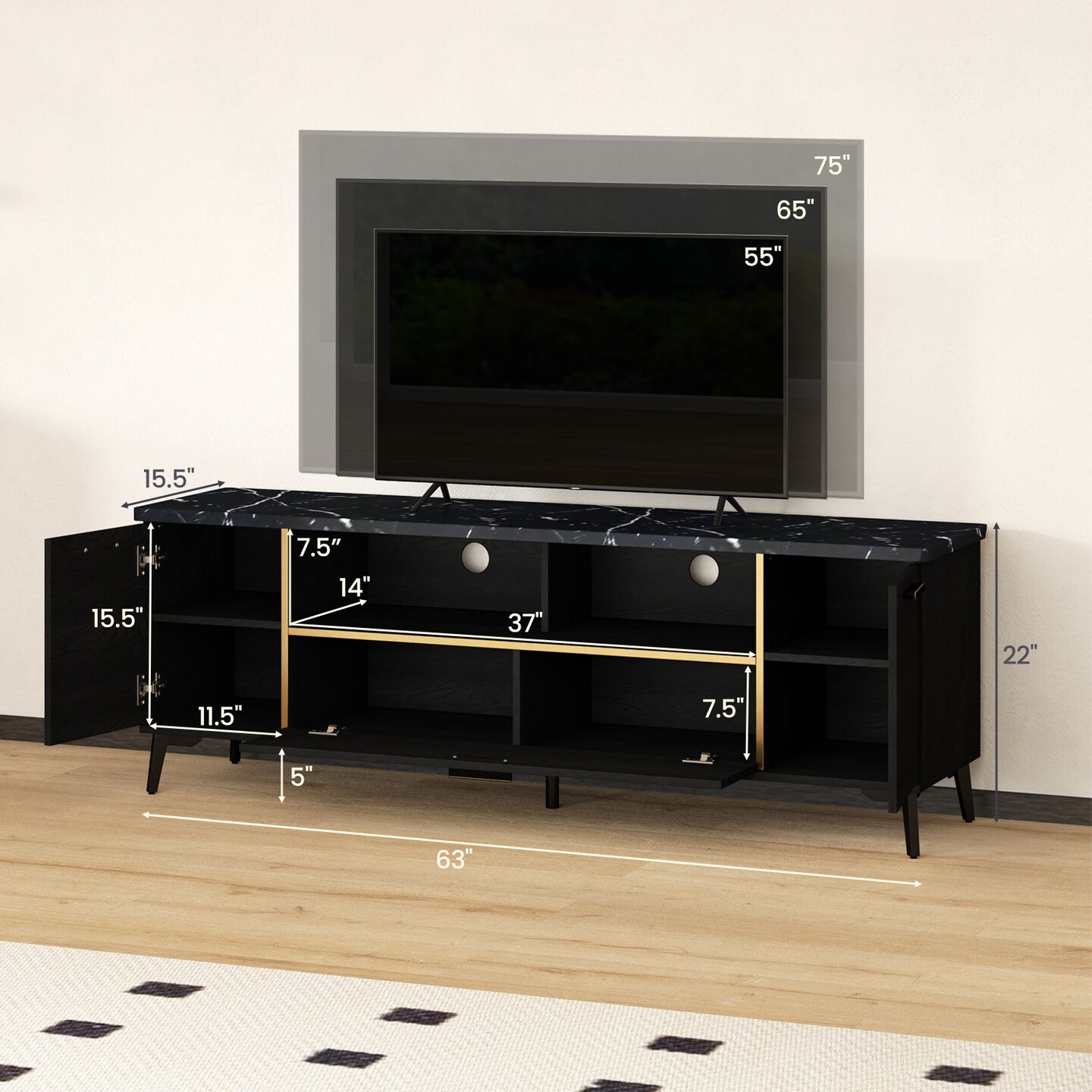Black Faux Marble TV Stand with Gold Edges, Storage Cabinets and Adjustable Shelves